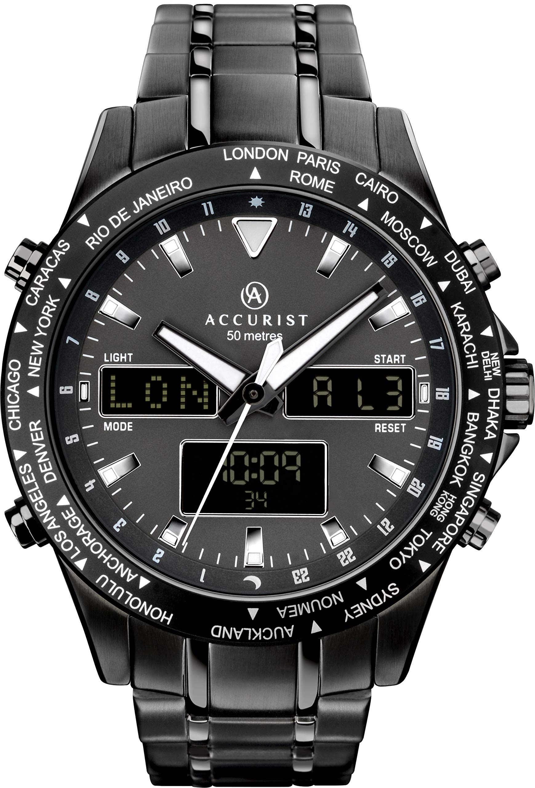 Accurist Men's Stainless Steel Japanese Quartz Sports Chronograph Watch - World Time, Alarm, 99-Year Calendar, Stopwatch, Lap Timer, Backlight, 50m Water Resistant (2-Year Warranty) - Perfect for Outdoor Adventures, Sports & Daily Wear