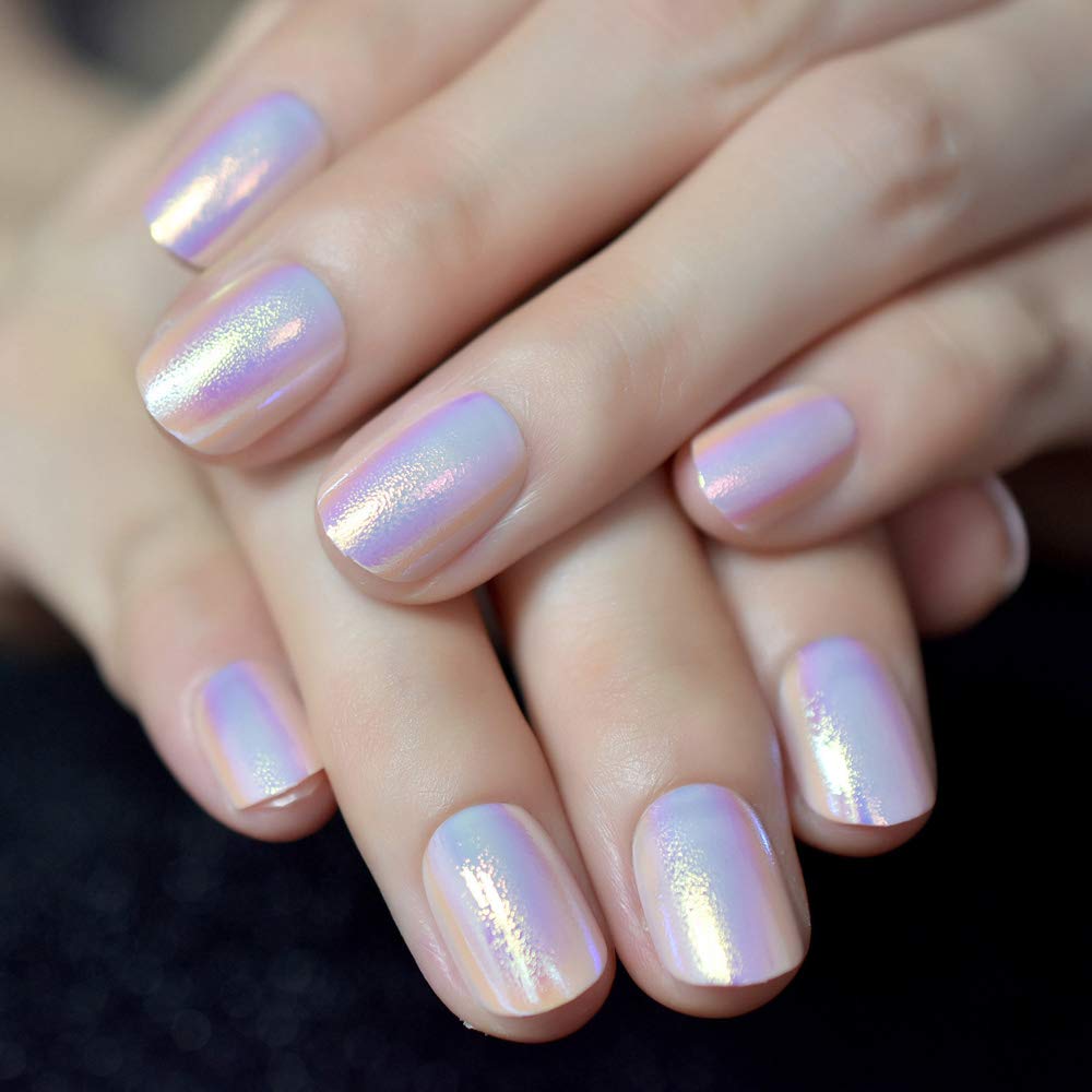 24pcs Unicorn Chrome Press On Fake Nails - Short Iridescent Pink Acrylic False Nails with Glue & Stickers | Full Cover Nail Art Designs for Parties, Weddings, Daily Wear & Special Occasions