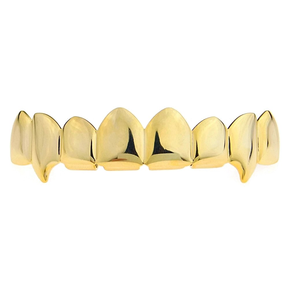 14K Gold Plated Fang Grillz - 8 Top Teeth Vampire Grills for Hip Hop & Halloween Costume | Perfect for Rappers, Performers & Cosplay Enthusiasts