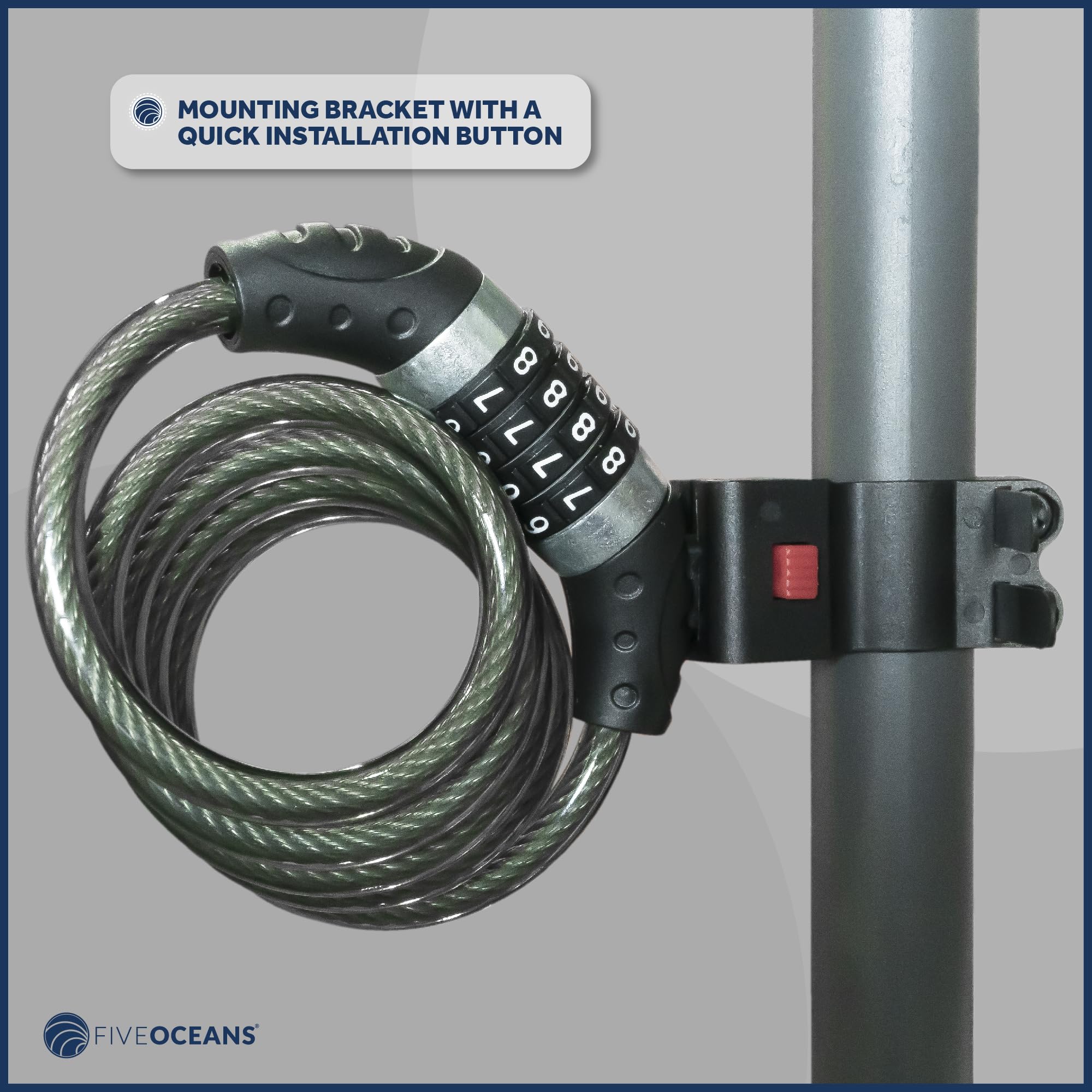 Five Oceans Heavy Duty Combination Bike Lock - 4ft Anti-Theft Security Cable with Resettable Code & Mounting Bracket for Bicycle, Motorcycle, Door, Gate, Fence | Perfect for Urban Commuting, Outdoor Adventures & Home Security - FO3957