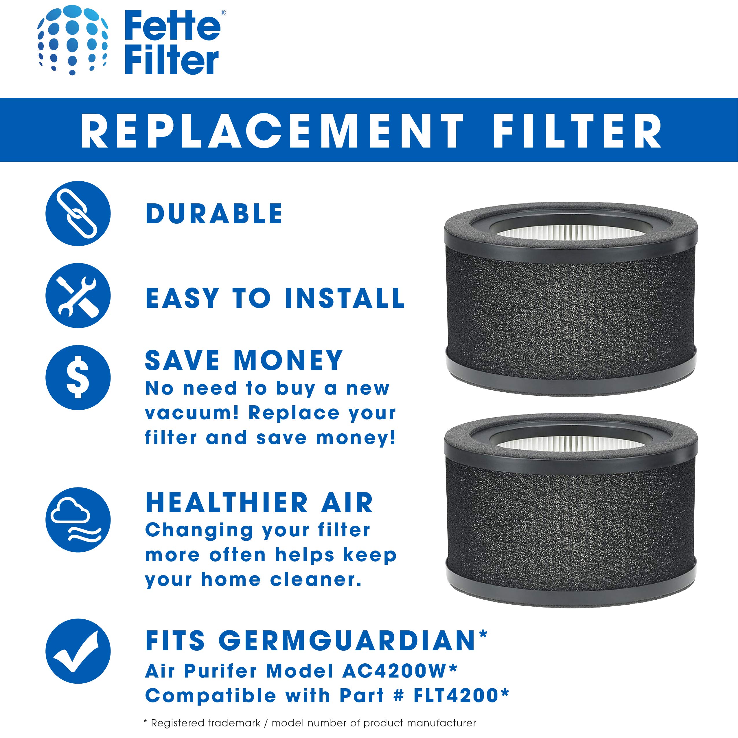 2-Pack Fette True HEPA Replacement Air Purifier Filters with Pre-Filter Layer - Compatible with GermGuardian AC4200W & FLT4200 Models - Ideal for Bedrooms, Offices & Allergy Relief