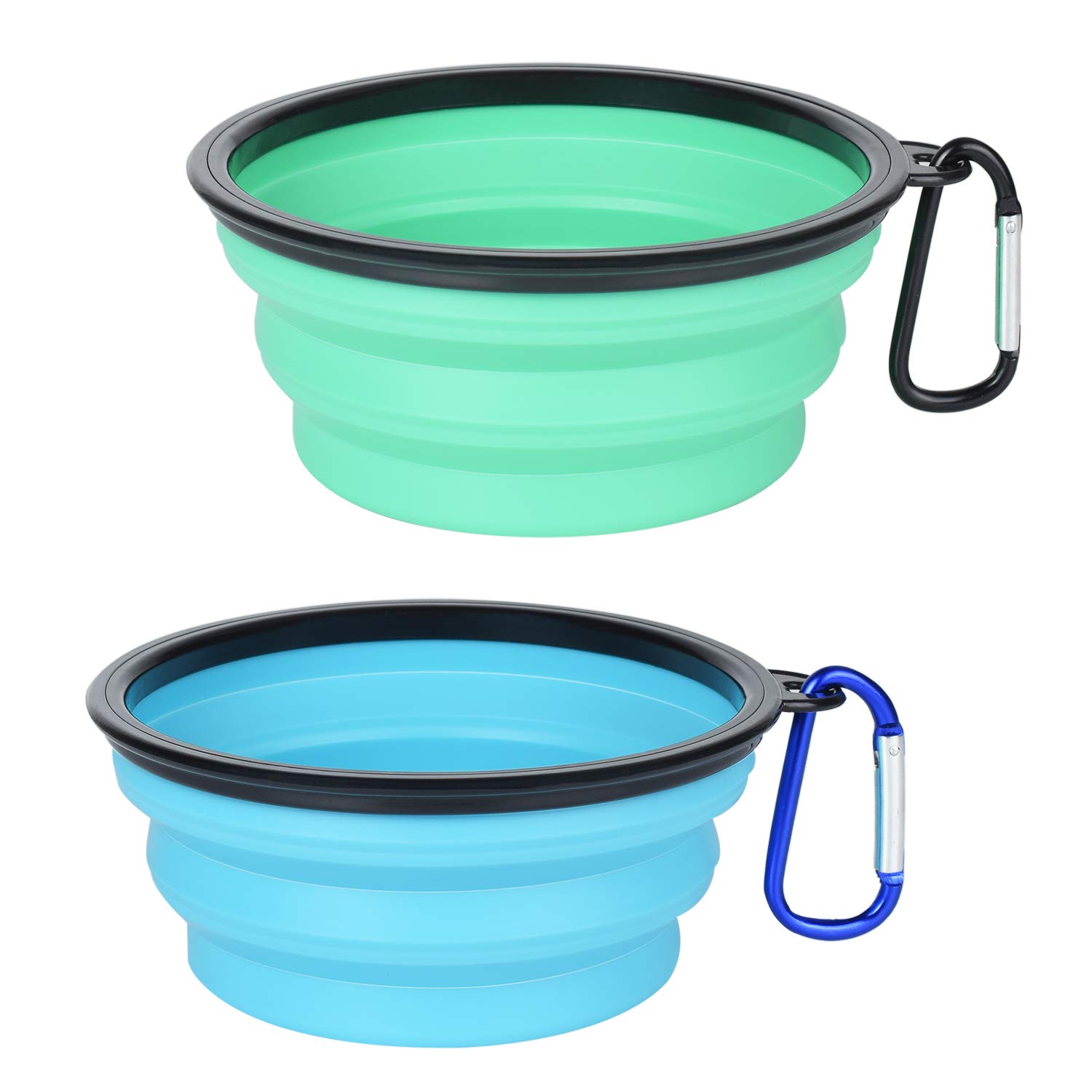 **PetBonus 2-Pack Collapsible Silicone Dog Bowls - BPA-Free, Dishwasher Safe, Portable & Foldable Travel Bowls for Dogs & Cats - Includes 2 Carabiners (Light Blue & Green) - Perfect for Hiking, Camping & Travel**