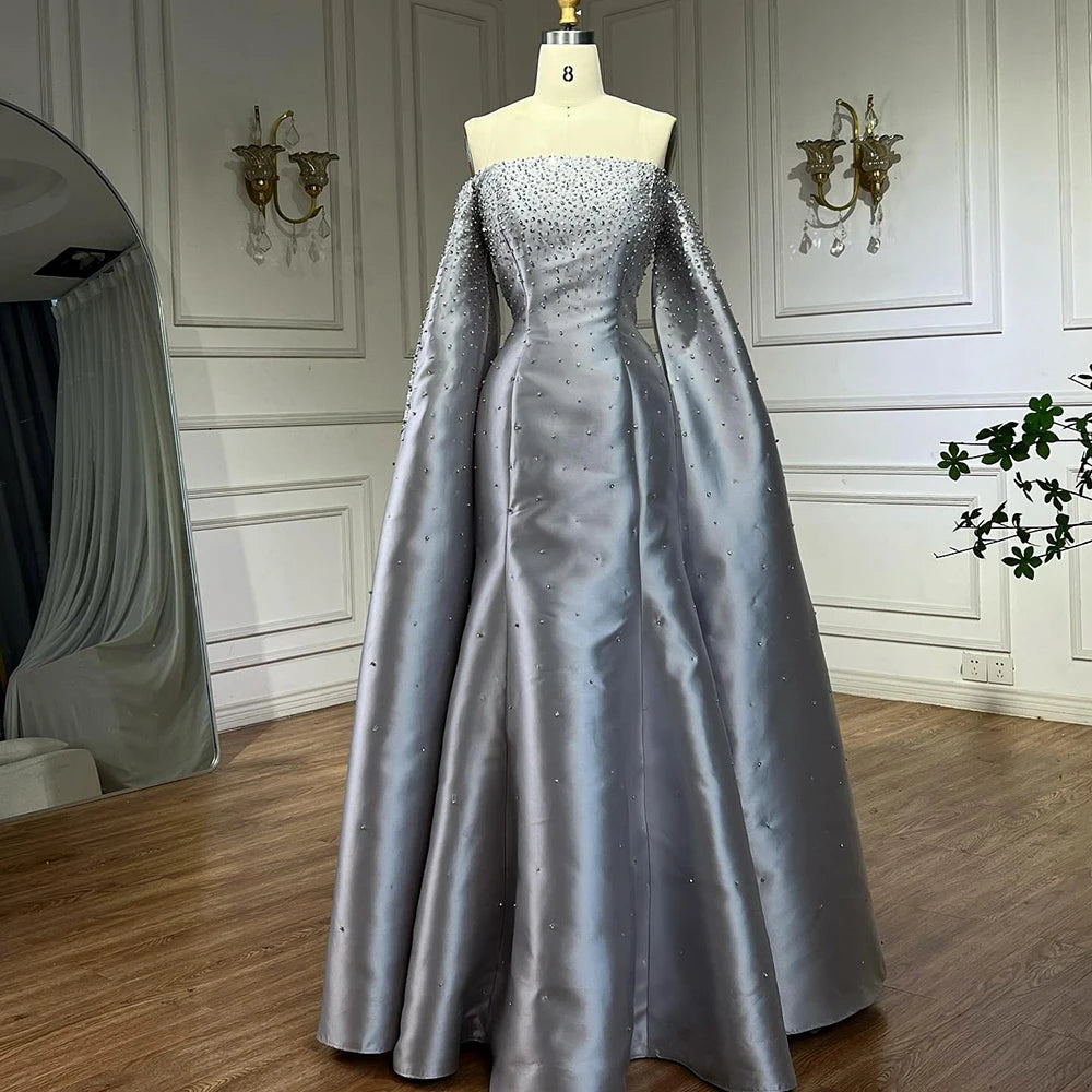 Luxury Dubai Off Shoulder A-Line Gray Satin Evening Gown with Pearl Beading - Elegant Formal Dress for Prom, Wedding & Gala Events LA72779