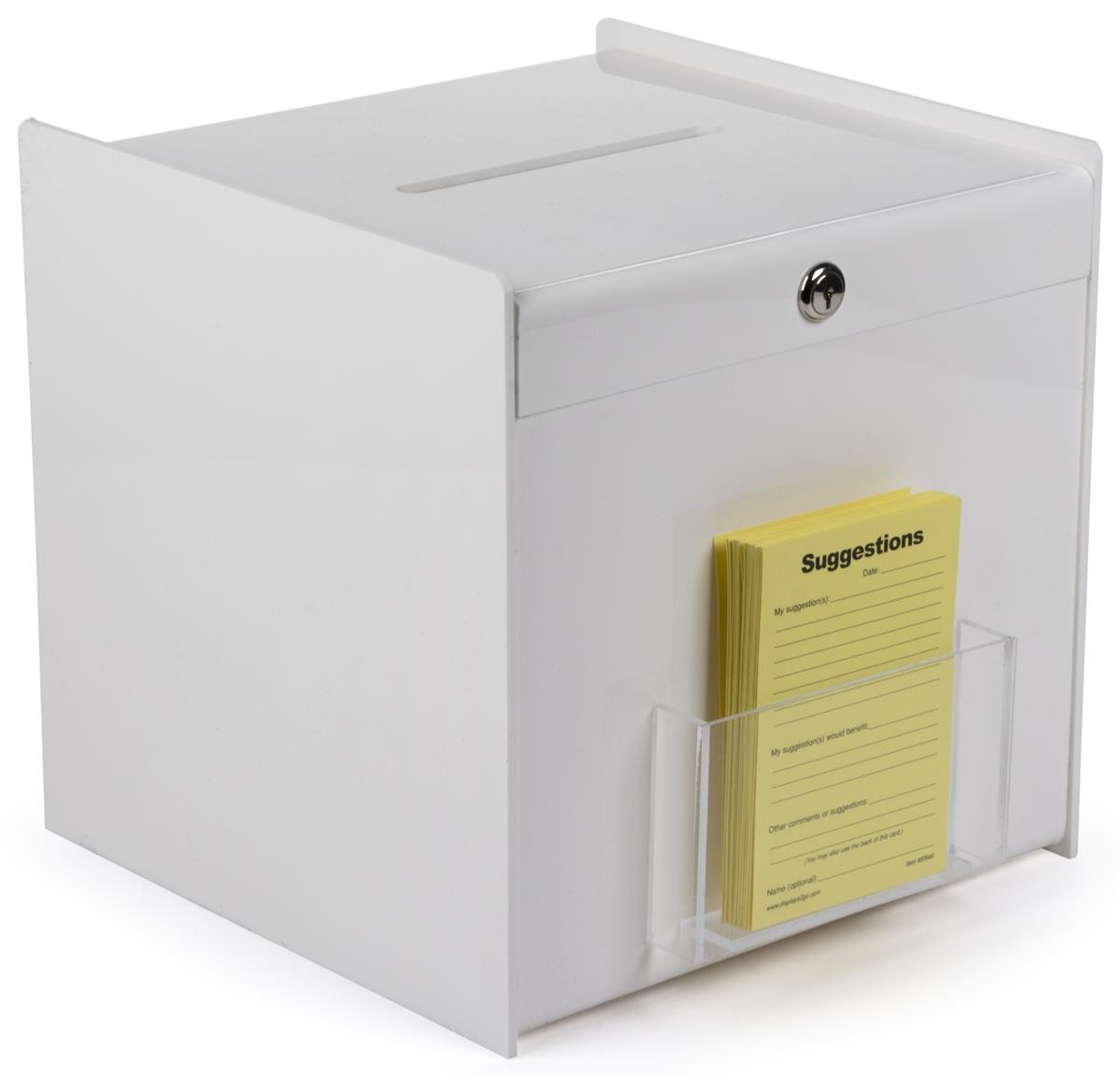 Displays2go 12-Inch Acrylic Cube Ballot Box with Key Lock & Front Brochure Pocket - Secure Voting, Donation Collection, Event Fundraising (White, BBWT) - Perfect for Elections, Charity Events, and School Activities