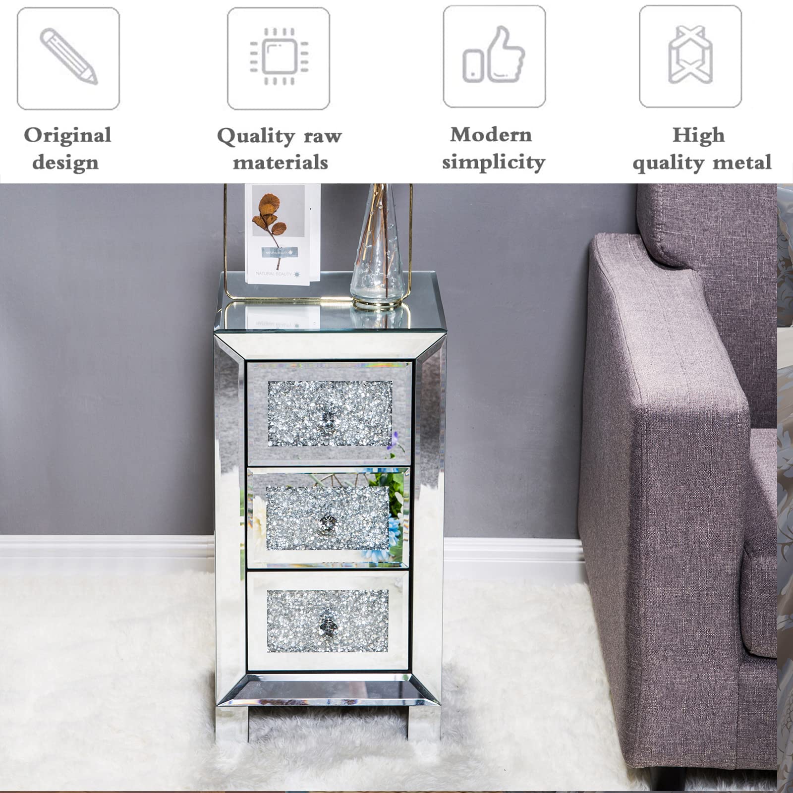 Modern Mirrored 3-Drawer Nightstand with Crystal Knobs - Silver Finish Bedside Table for Bedroom & Living Room Storage