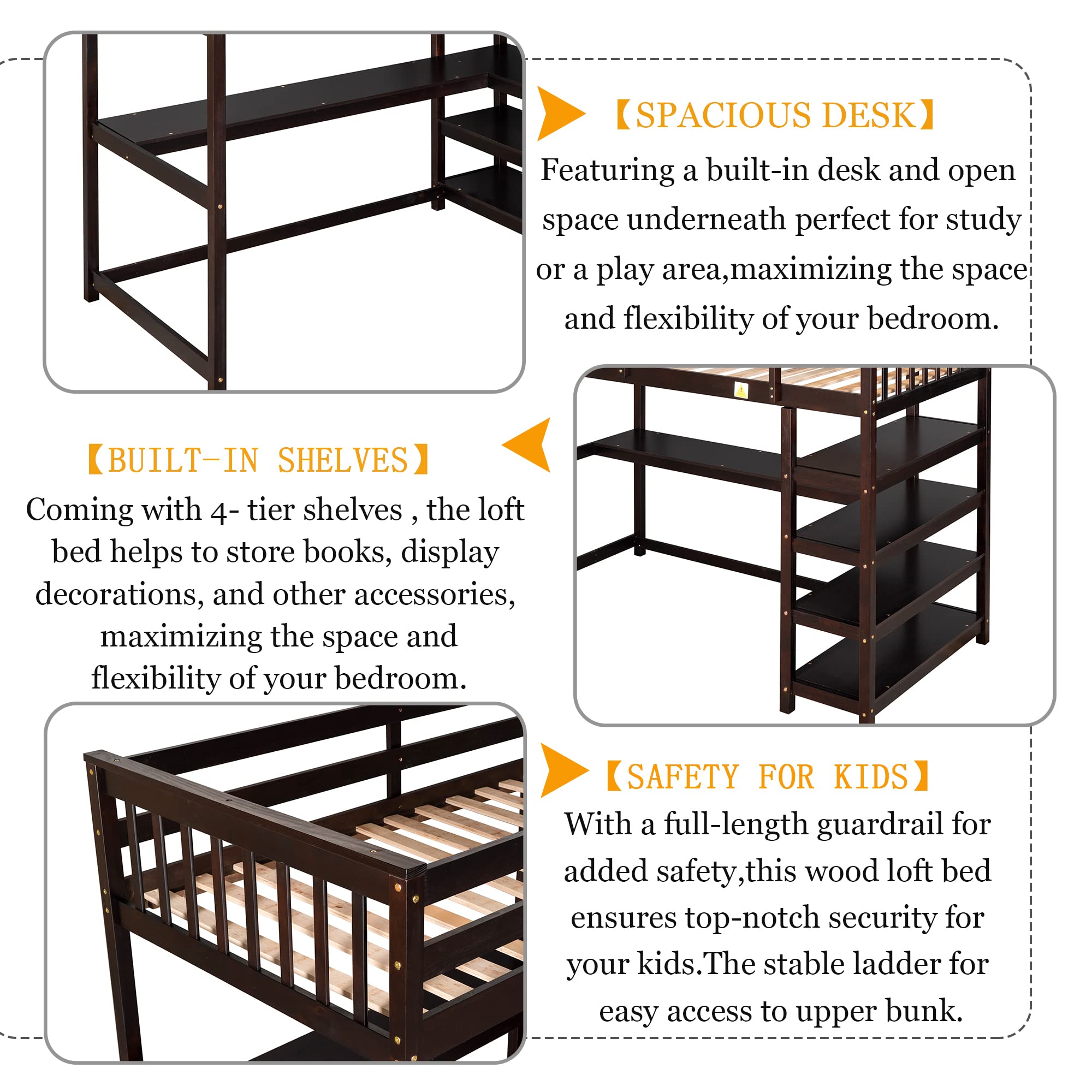 Harper & Bright Designs Twin Size Loft Bed with Desk - Wooden Study Loft Bed with Storage Shelves for Kids & Teens - Space-Saving Bedroom Furniture for Small Rooms - No Box Spring Needed - Espresso Finish - Perfect for Dorm Rooms, Studio Apartments & Kids' Bedrooms