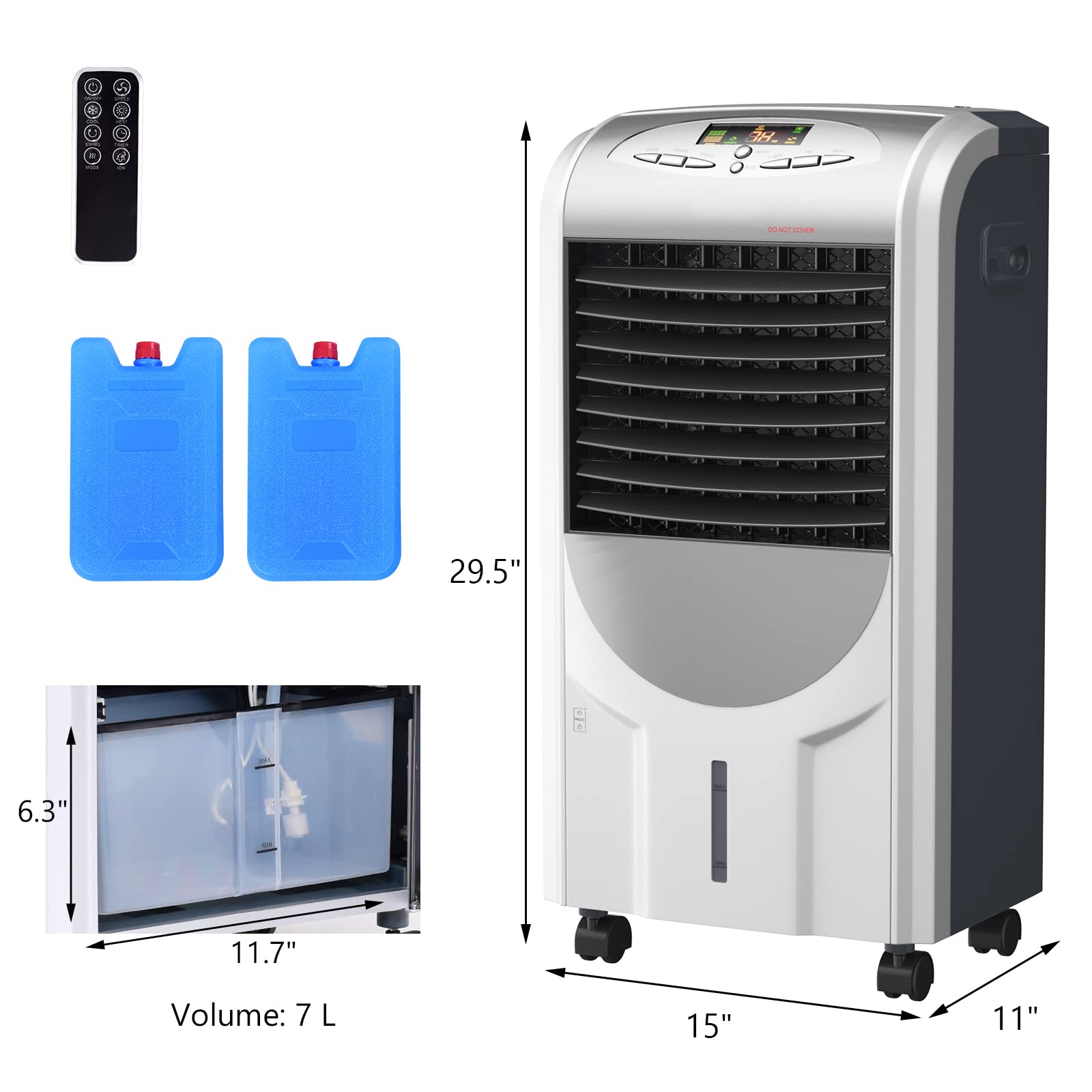 KOTEK 5-in-1 Portable Evaporative Air Cooler & Heater with Anion Function - Bladeless Quiet Cooling Fan with Remote Control, 8H Timer, 3 Modes & 3 Speeds - Perfect for Home, Office, Bedroom and Living Room Cooling