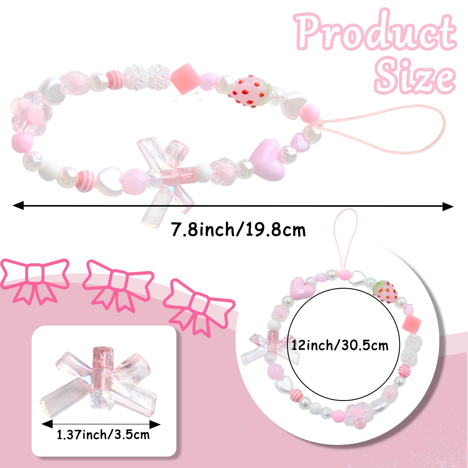 Cute Kawaii Strawberry Phone Charms with Bowknot Heart - Pink/White Beaded Phone Strap for iPhone, AirPods & Keys - Aesthetic Accessory for Girls, Teens & Women | Perfect for School, Work & Daily Use