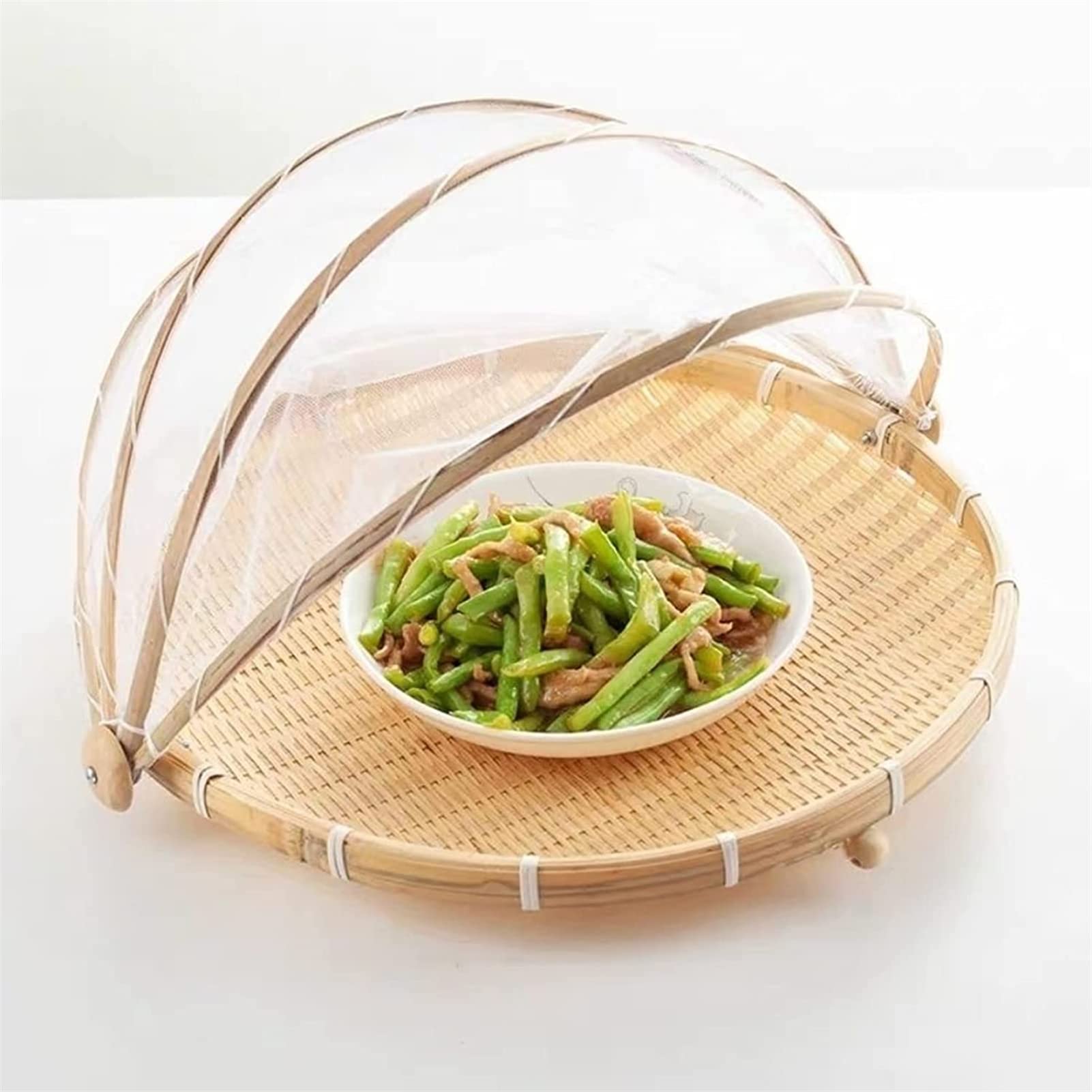 Hand-Woven Bamboo Food Serving Tent Basket with Cover - Reusable & Collapsible Mesh Fruit Basket for Picnics, BBQs, Parties, and Outdoor Dining