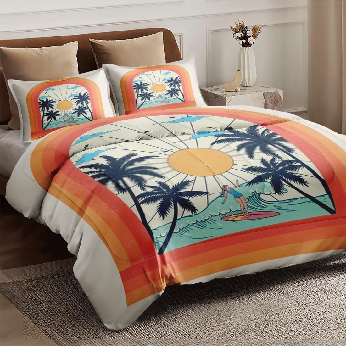 Queen Size Comforter Set - Tropical Palm Beach Summer Bedding for Kids & Adults, Soft Tree Sunset Surfboard Design with 2 Pillowcases - Perfect for Bedroom Decor, Guest Rooms & Vacation Homes