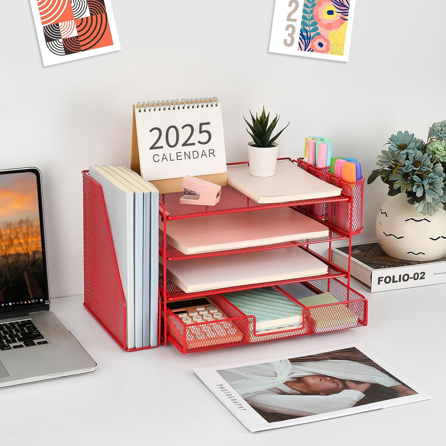 4-Tier Paper Letter Tray Organizer with File Holder & Drawer - Desk Accessories for Office Supplies, Workspace Organizer with 2 Pen Holders - Perfect for Home Office, School, and Workspace Organization (Red)