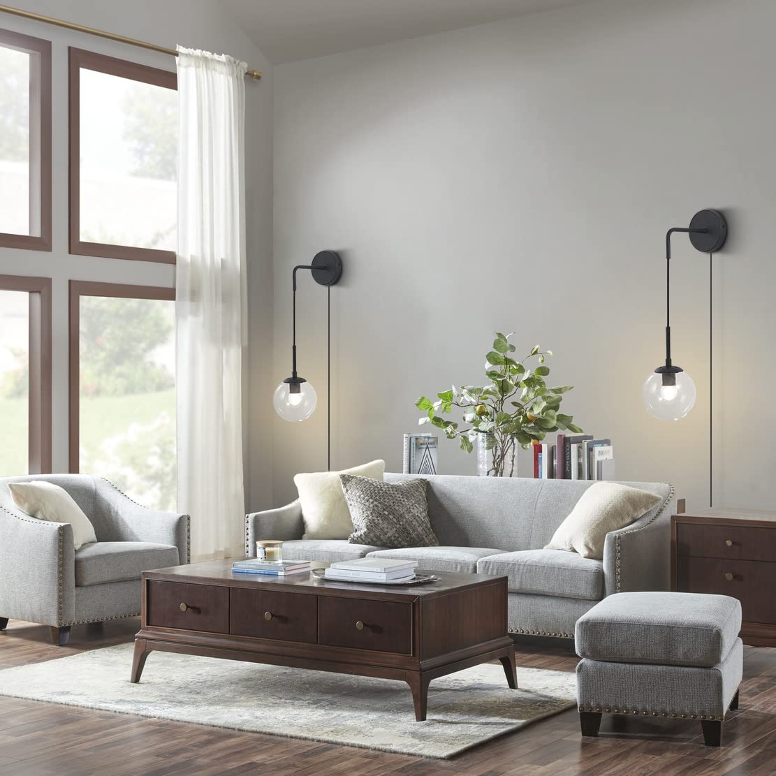 Mid Century Modern Black Wall Sconce Light - Set of 2 Plug-in Clear Glass Globe Ball Wall Lights for Bathroom Vanity, Bedroom, Living Room - Minimalist Corded Wall Lamp Fixture (Clear)