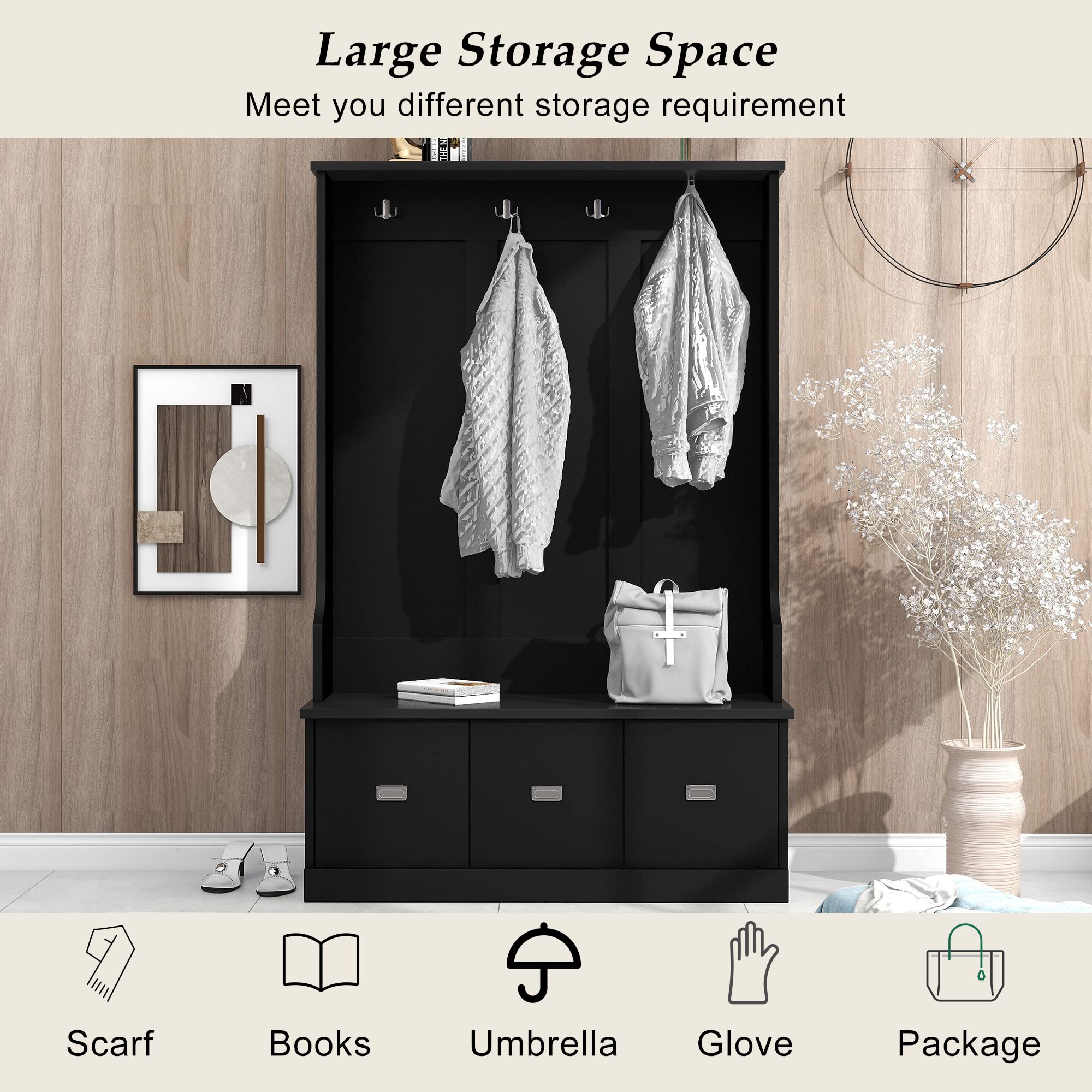 Yoluckea 3-in-1 Hall Tree with 4 Hooks & 3 Large Drawers - Entryway Storage Bench, Coat Rack & Shoe Bench for Hallway, Foyer or Mudroom Organization (Black) - Perfect for Small Spaces & Home Entry Storage Solutions