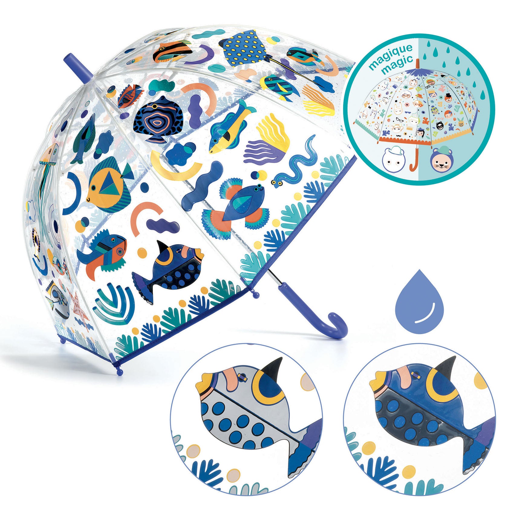 Djeco Color Changing Fish Umbrella - Fun & Unique Kids Rain Umbrella for Outdoor Play, Beach & Pool Parties
