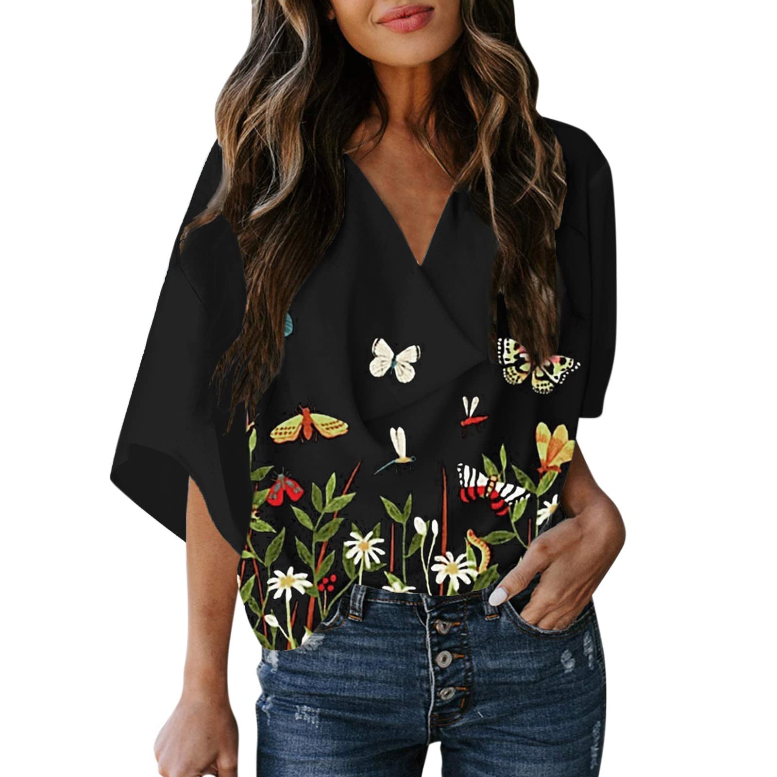 iOPQO Women's Summer Tops - Sexy Loose Casual Printed Short Sleeve T-Shirt Plus Size (Black, Medium) | Perfect for Beach Outings, Vacation Wear & Casual Summer Fashion