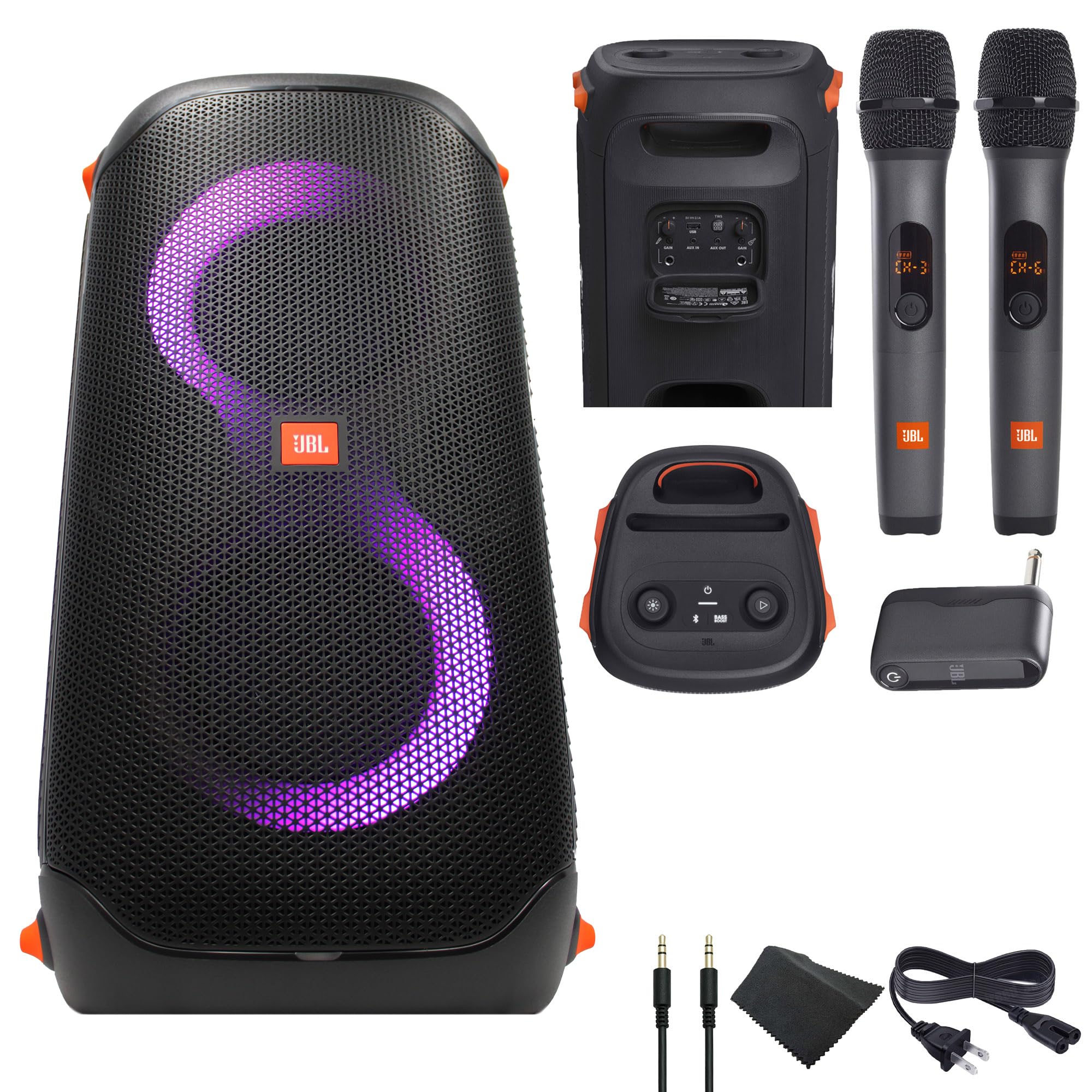JBL PartyBox 110 160W Portable Bluetooth Speaker with Wireless Microphones - Powerful Sound, Deep Bass, IPX4 Waterproof for Outdoor Parties, Karaoke, Camping & Events (Includes Receiver, AUX Cable & Microfiber Cloth)