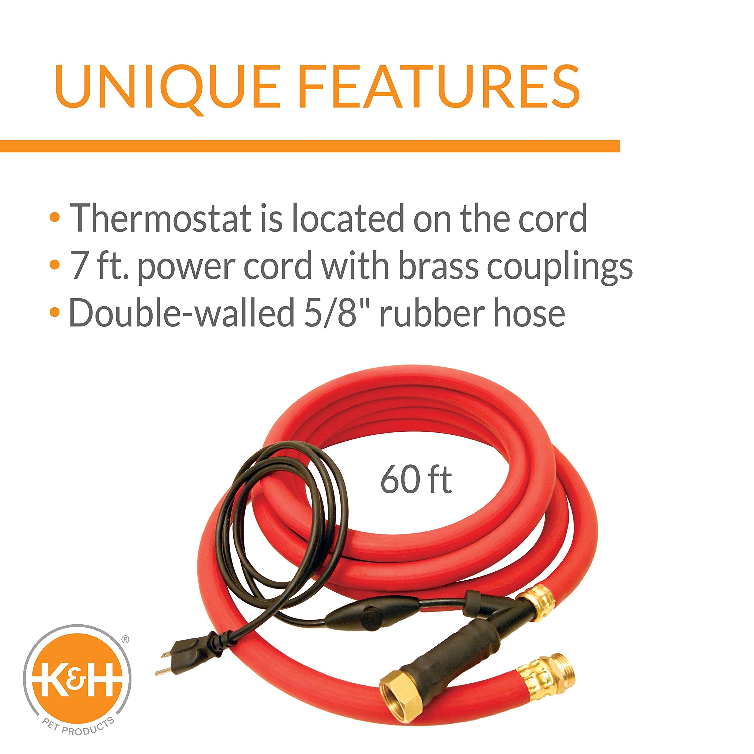K&H Pet Products Thermo-Hose Ice Free Heated Water Hose - 60ft Rubber Hose with 250W Heating - Prevent Frozen Pipes for Pets & Livestock in Winter - Outdoor Use for Dog Houses, Barns & Farms