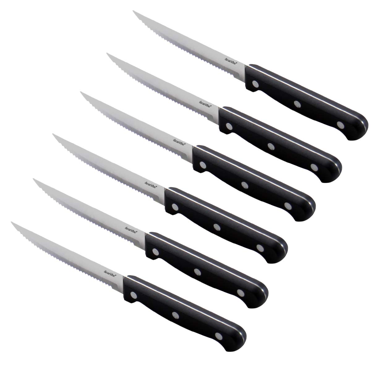 Dearithe 6-Piece Steak Knives Set - Black Full-Tang Triple Rivet Serrated Stainless Steel Sharp Blades (4.5 Inches) - Dishwasher Safe Kitchen & Camping Cutlery | Perfect for Steak Dinners, BBQ Parties, Restaurant Use & Outdoor Adventures