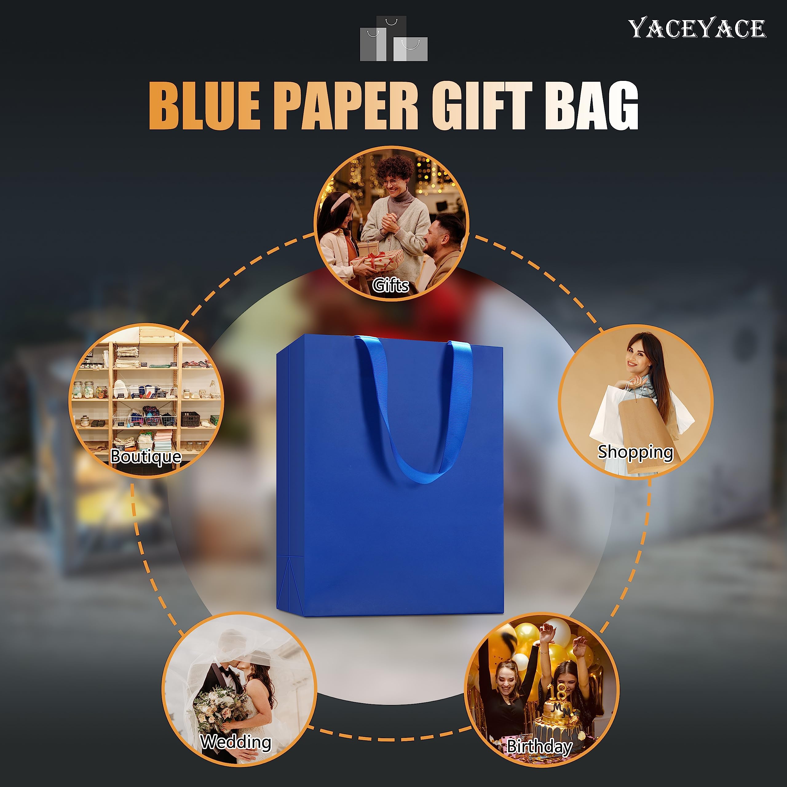 YACEYACE 20PCS Blue Gift Bags Bulk - 8x4.25x10.5 Inch Medium Paper Gift Bags with Ribbon Handles for Wedding, Birthday, Party Favors, Retail & Boutique | Elegant Gift Wrapping for Special Occasions