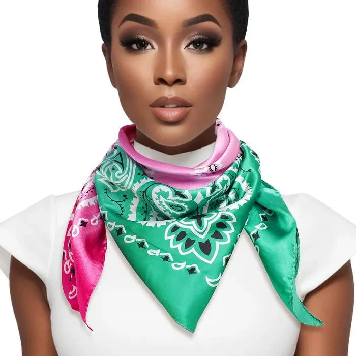 Pink and Green Bandana Scarf for Women - Fashionable Cotton Hair Accessory & Neck Scarf - Perfect for Summer Outfits, Music Festivals and Boho Style