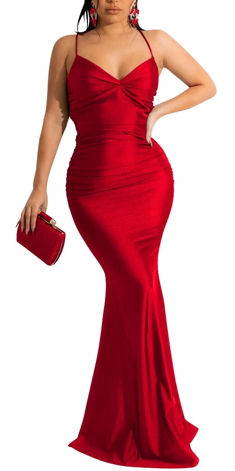 Elegant Women's Spaghetti Strap Ruched Formal Dress - Sexy Lace Up Bodycon Maxi Cocktail Dress with Fishtail Hem | Perfect for Evening Parties, Prom, Wedding Guest & Special Occasions