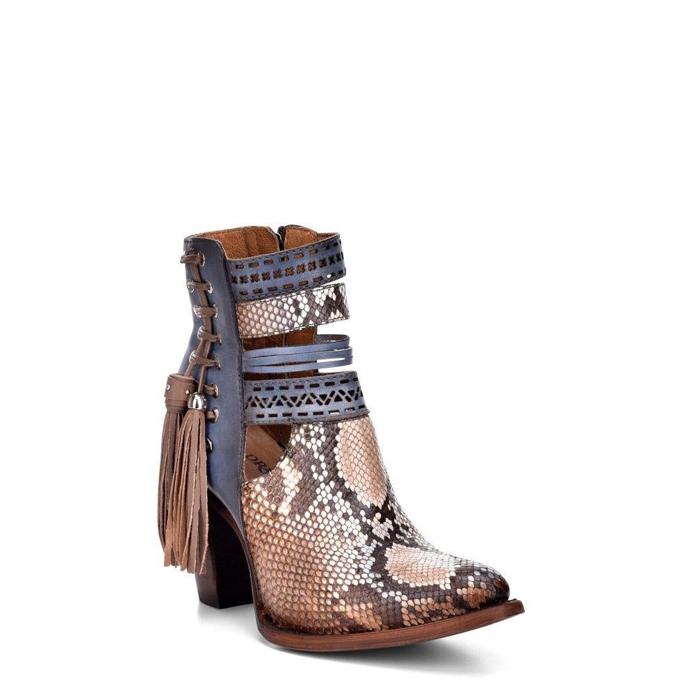 3F29PH Women's Sky Blue Western Cowgirl Python Skin Fringed Ankle Boots - Perfect for Country Dancing, Rodeo Events & Cowgirl Fashion