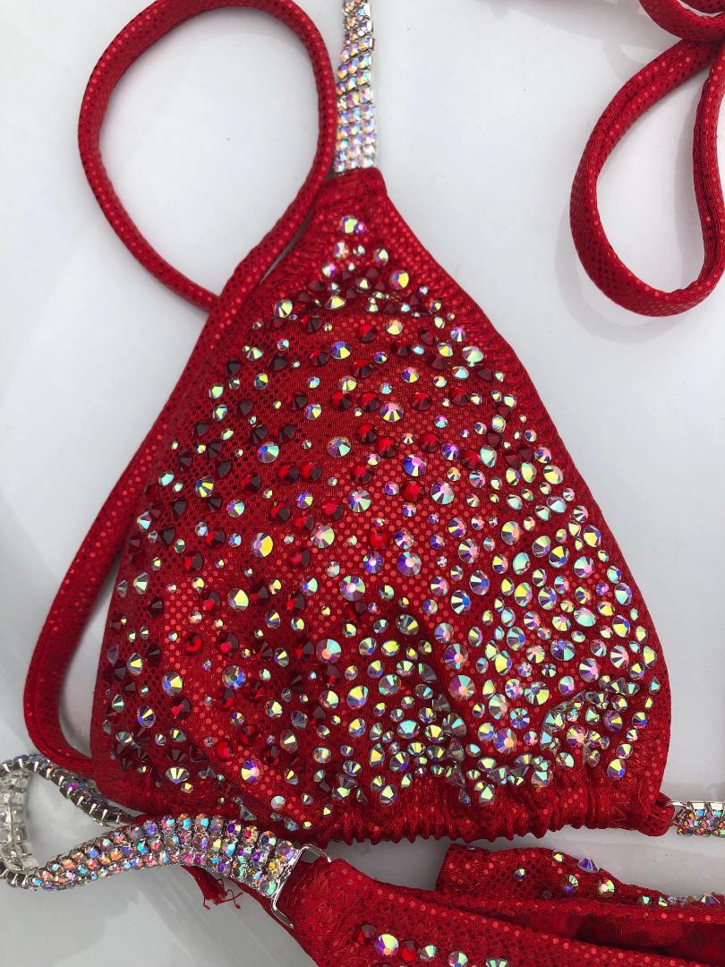 Stunning Red Bikini Competition Suit with Beaded Rhinestone & AB Crystals - Perfect for Swimwear Pageants, Beach Vacations, and Poolside Glamour