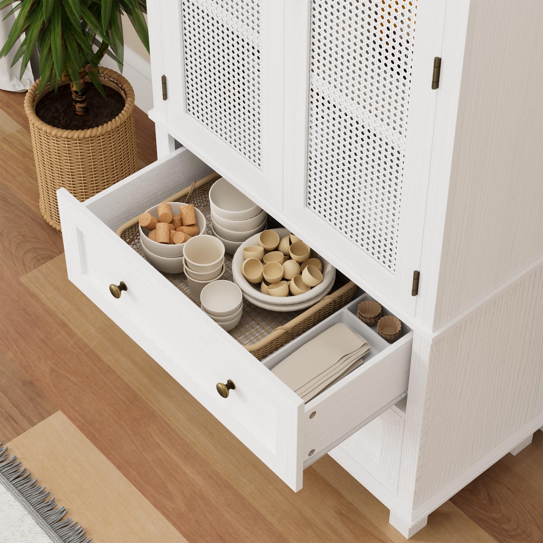 FOTOSOK White Kitchen Pantry Storage Cabinet with Rattan Doors, 2 Drawers & Adjustable Shelf - Perfect for Kitchen, Dining Room, and Home Organization
