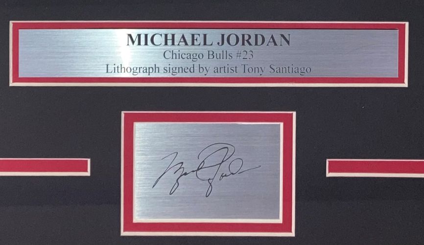 Authentic Michael Jordan Signed 13x19 Chicago Bulls Framed Lithograph by Tony Santiago with Laser Authentication - Perfect for Sports Memorabilia Collectors & Man Cave Decor