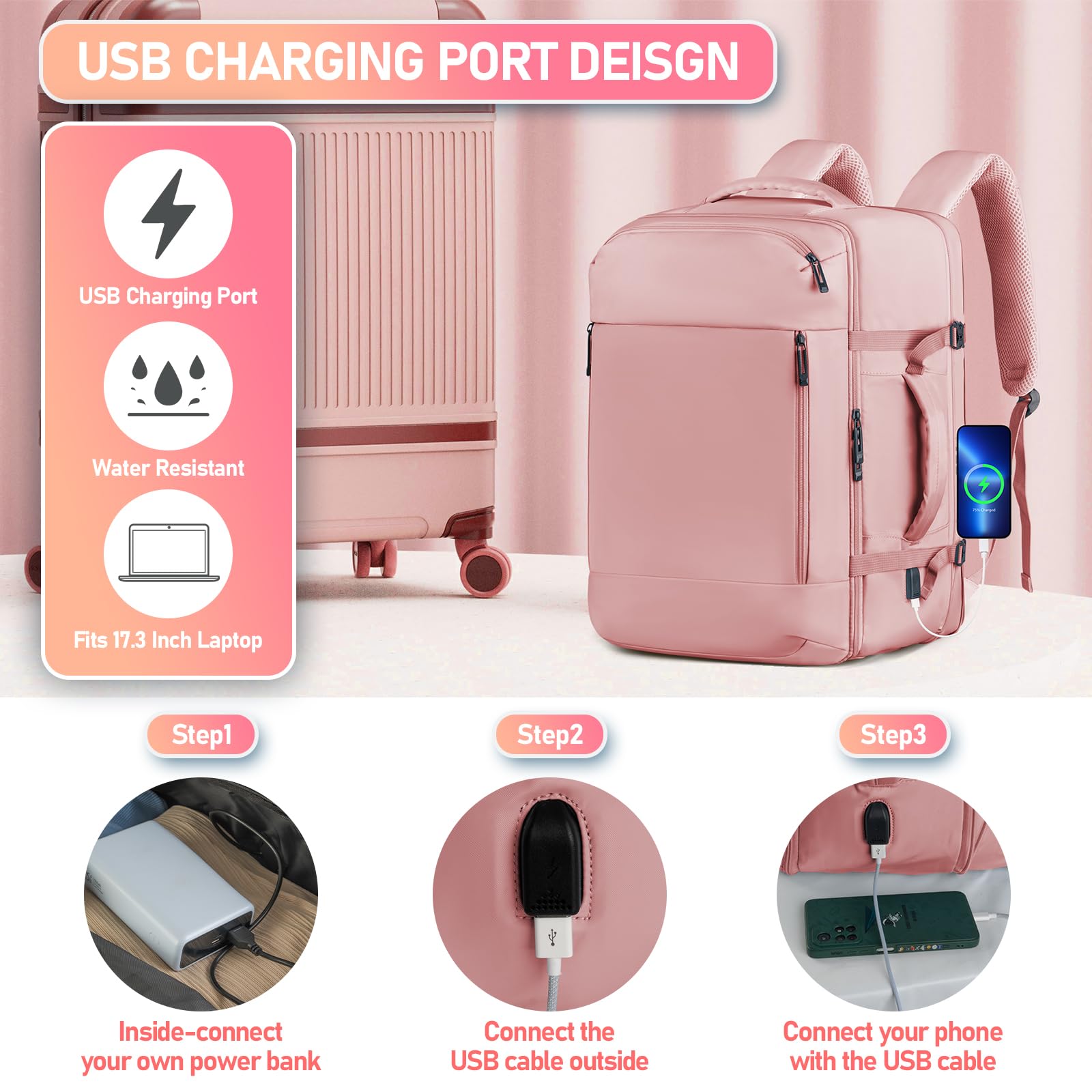45L Airline Approved Carry On Travel Backpack for Women - Cute Underseat Personal Item Bag with Shoe Compartment - Perfect for Hiking, Outdoor Weekend Trips & Casual Daypack - Ideal Gift for Friends (Pink)