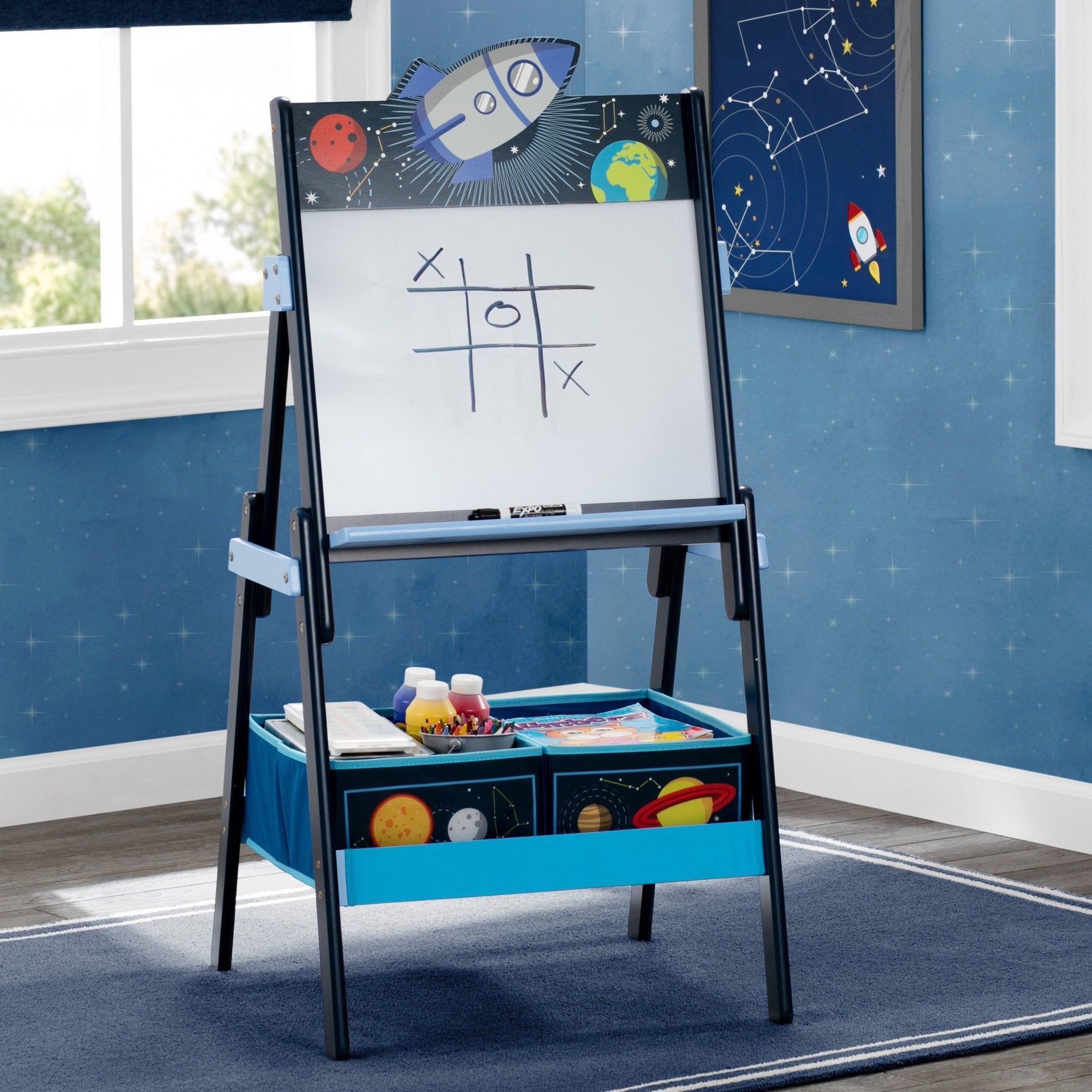 Space Adventures Wooden Activity Easel with Storage - Kids Art Easel with Chalkboard & Whiteboard - Perfect for Home, Classroom & Preschool Creative Play