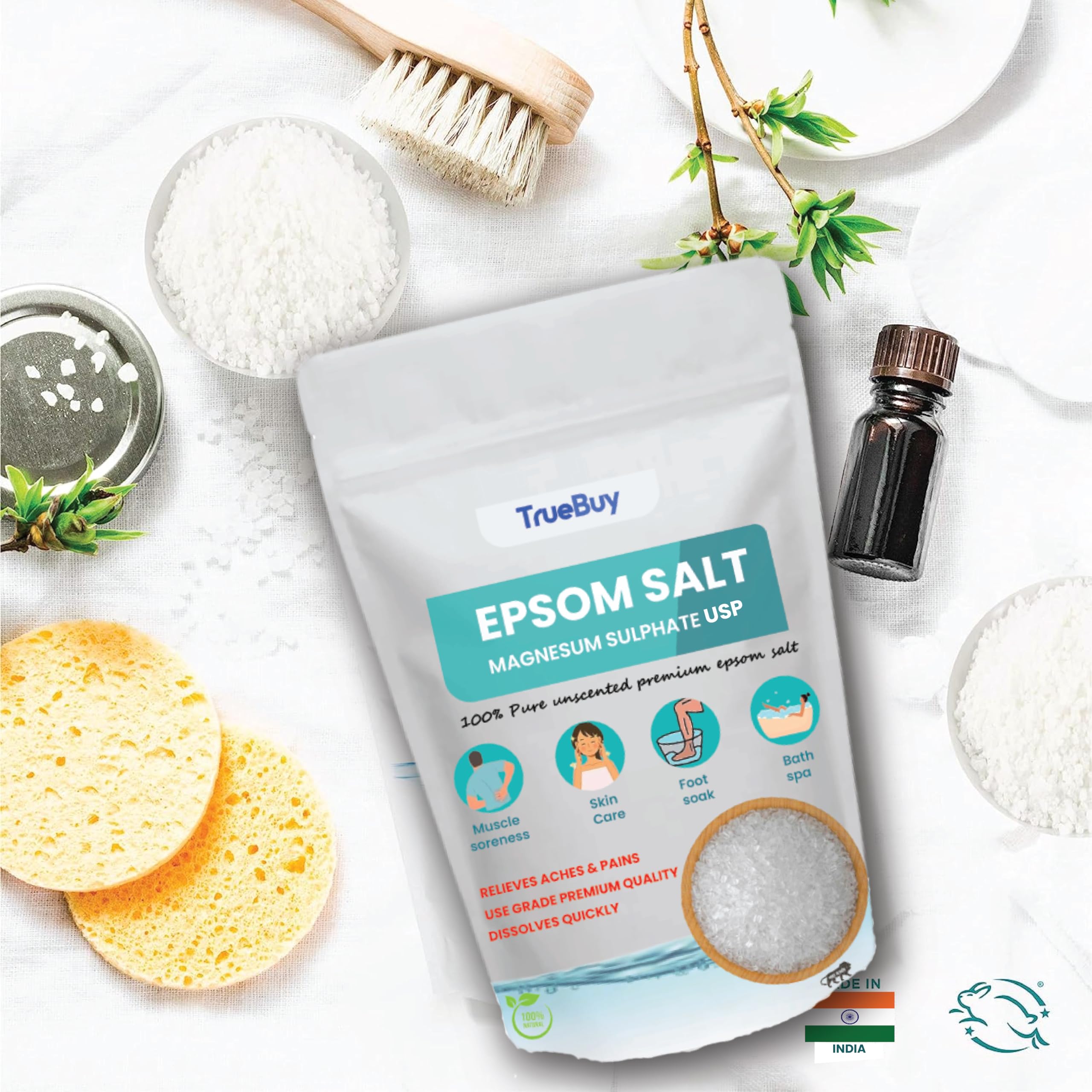 TrueBuy Epsom Salt for Bath - 900g Magnesium Sulfate Crystals for Muscle Relaxation, Pain Relief & Stress Relief | Perfect for Post-Workout Recovery, Spa Days & Relaxing Baths