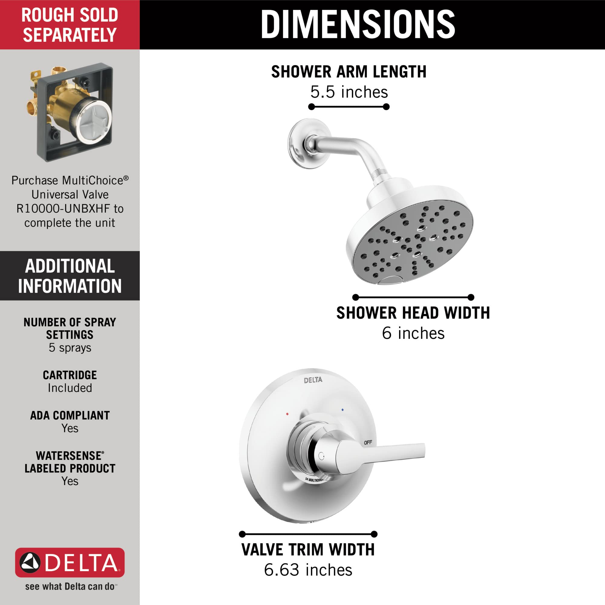 Delta Faucet Galeon 14 Series Single Handle Chrome Shower Faucet with H2Okinetic Shower Head - Complete Shower Trim Kit & Fixtures Set in Lumicoat Chrome T14272-PR (Valve Not Included) - Perfect for Modern Bathroom Renovations & Spa-Like Shower Experiences