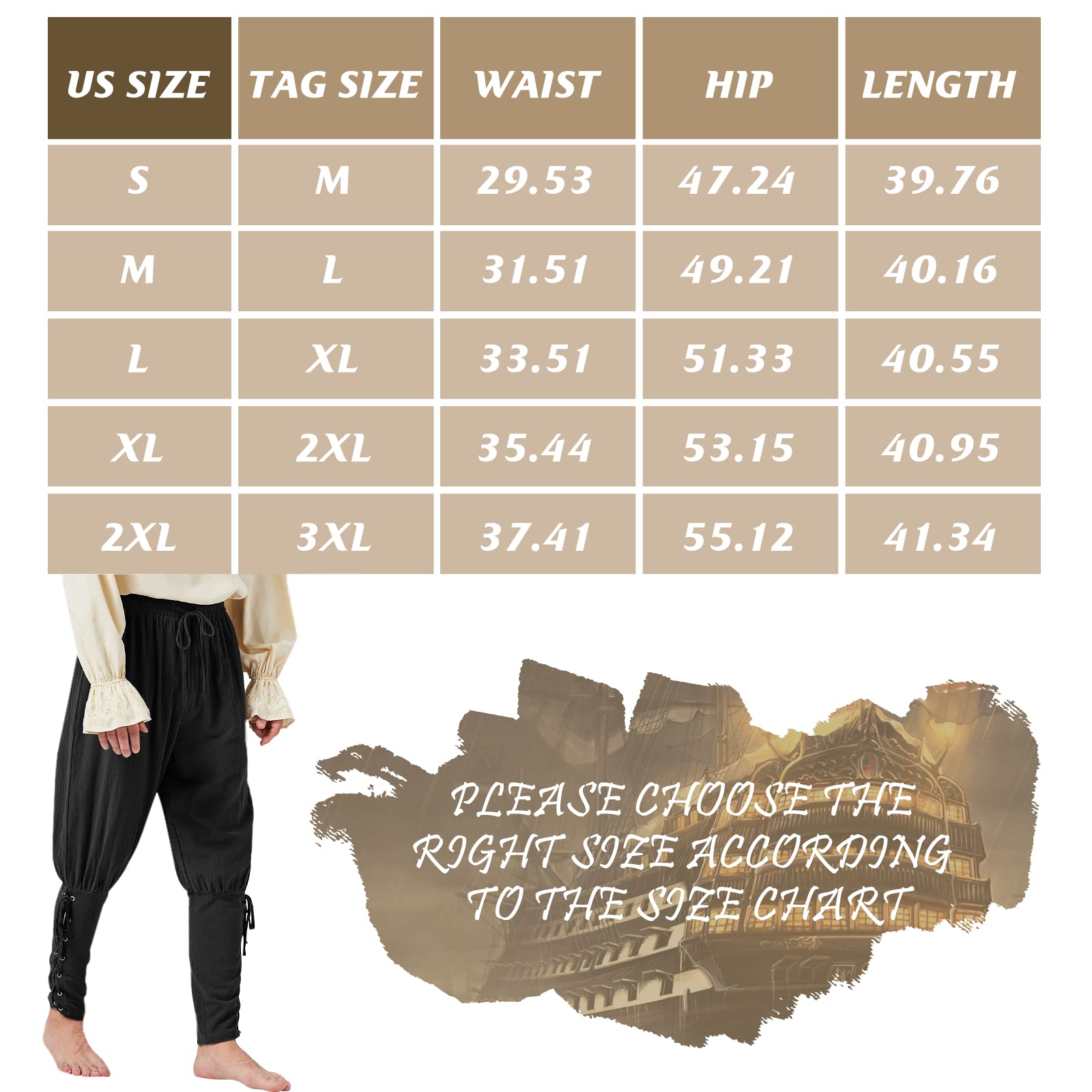 Men's Pirate Pants - Medieval Viking Navigator Cosplay Costume with Drawstrings & Ankle Bands | Renaissance Festival, Halloween Party & LARP Outfit