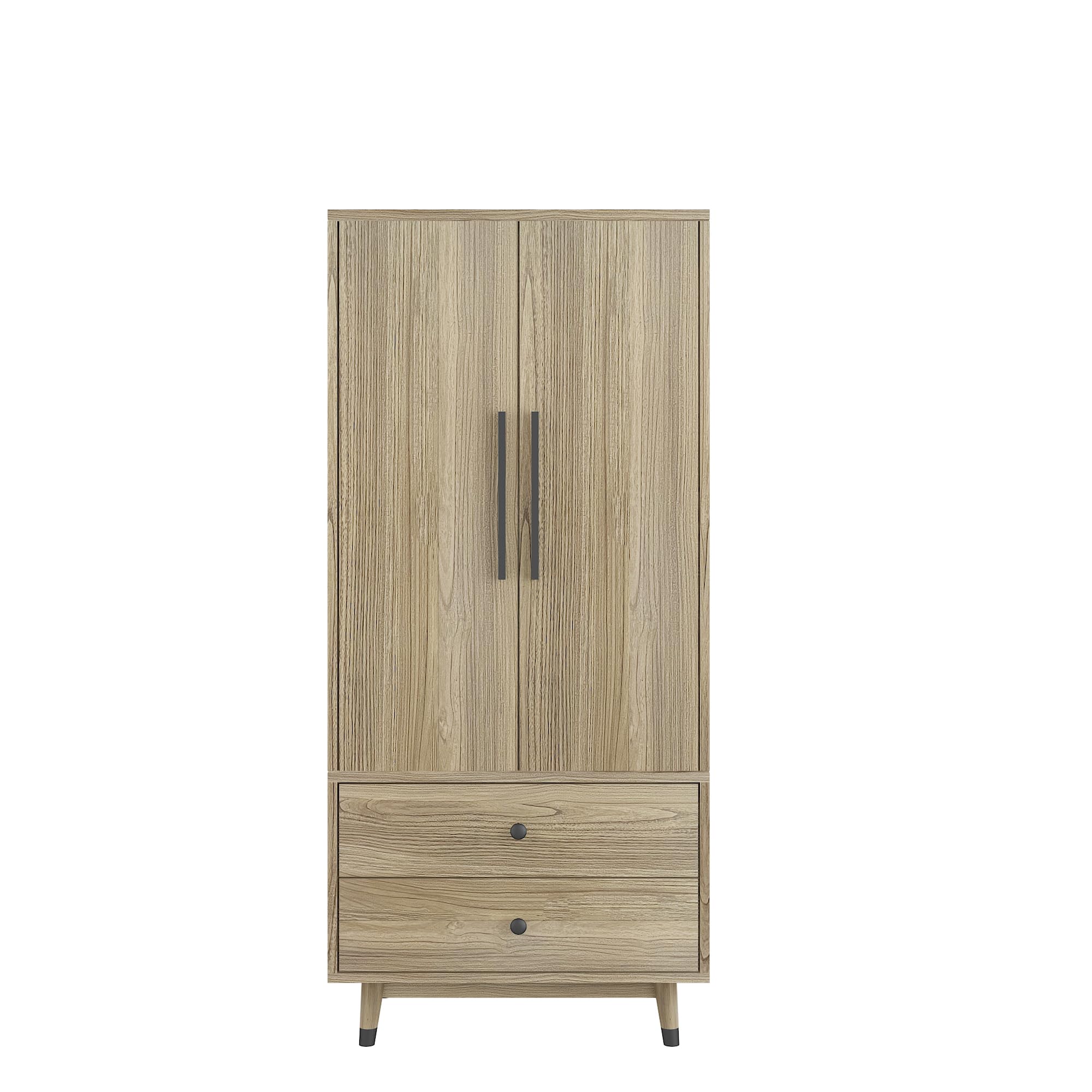 **Oak Wood Wardrobe Armoire with 2 Doors & 2 Drawers - Freestanding Closet with Hanging Rail & Black Copper Feet - Bedroom Storage Cabinet for Clothes, Shoes & Accessories (Perfect for Small Spaces & Home Organization)**