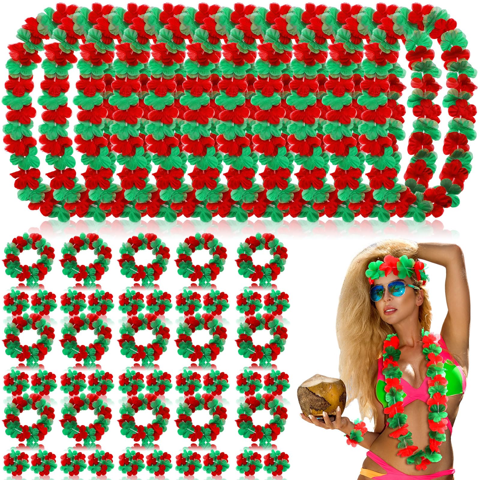 96 Pcs Christmas Leis Set - Hawaiian Flower Necklace, Headband & Bracelets for Women & Men - Tropical Luau Party Favors, Beach Christmas Decorations (Perfect for Holiday Parties, Festive Gatherings & Tropical Themed Events)