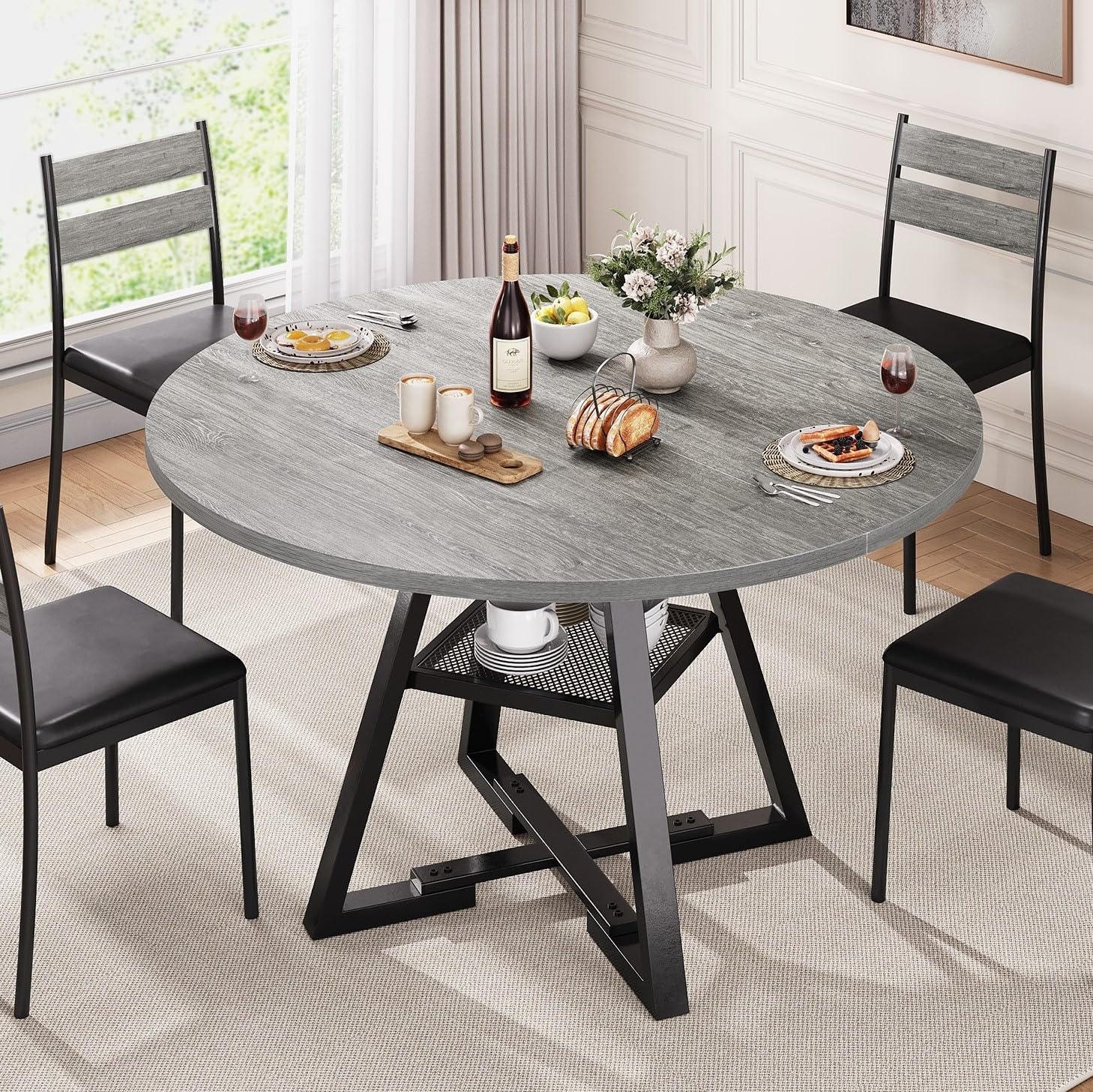 42 Inch Round Dining Table for 4 - Space Saving Wooden Kitchen & Dining Room Furniture with Pedestal Base, Grey - Perfect for Small Spaces, Breakfast Nooks & Cozy Family Meals