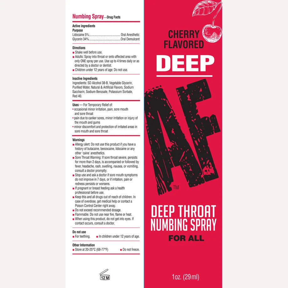 Deep AF Numbing Throat Spray Cherry Flavor - Fast Acting Sore Throat Relief for Adults & Kids - Perfect for Cold, Flu, and Allergies - Travel & Home Use