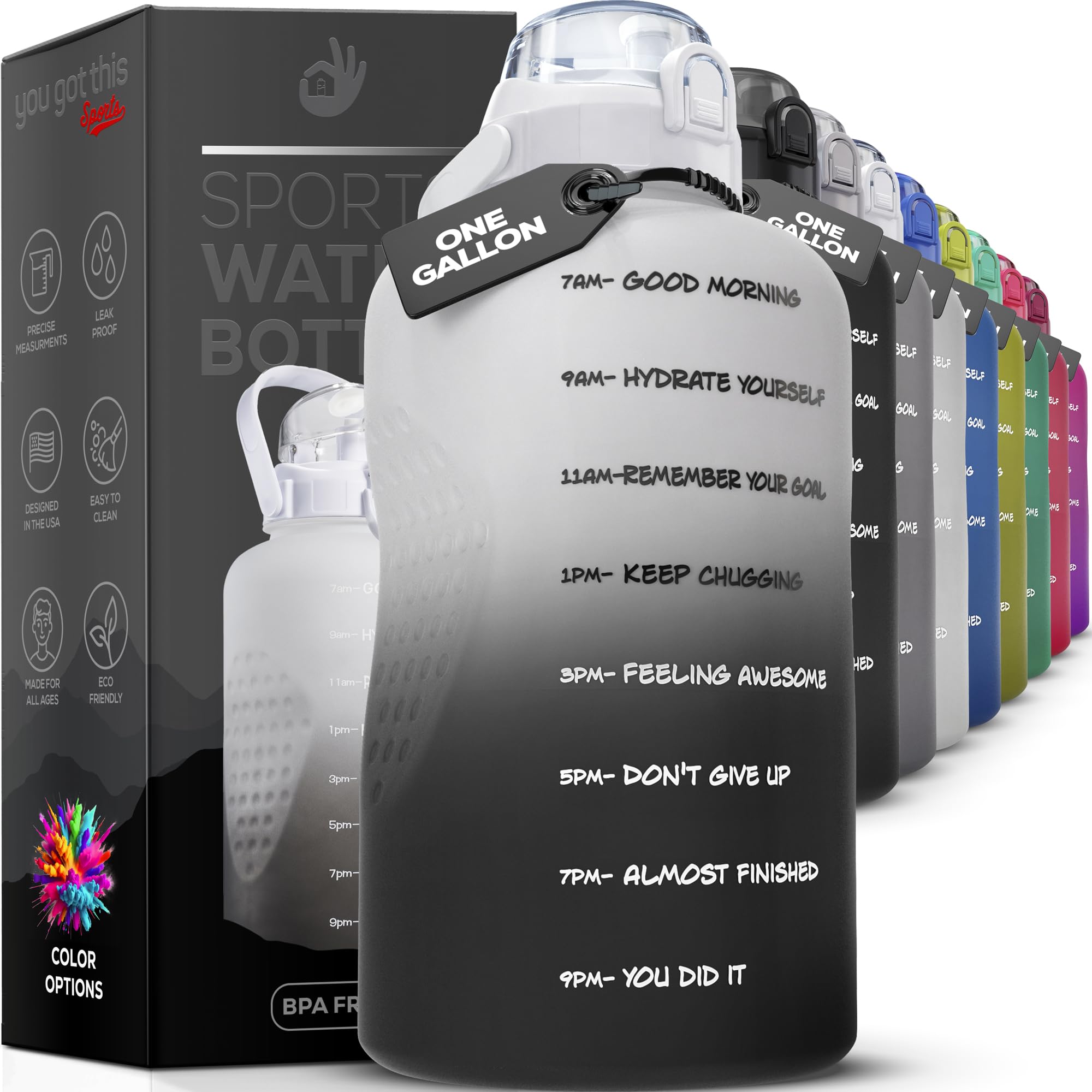 1 Gallon Motivational Water Bottle with Straw & Handle - BPA Free, Spill Proof for Gym & Hiking