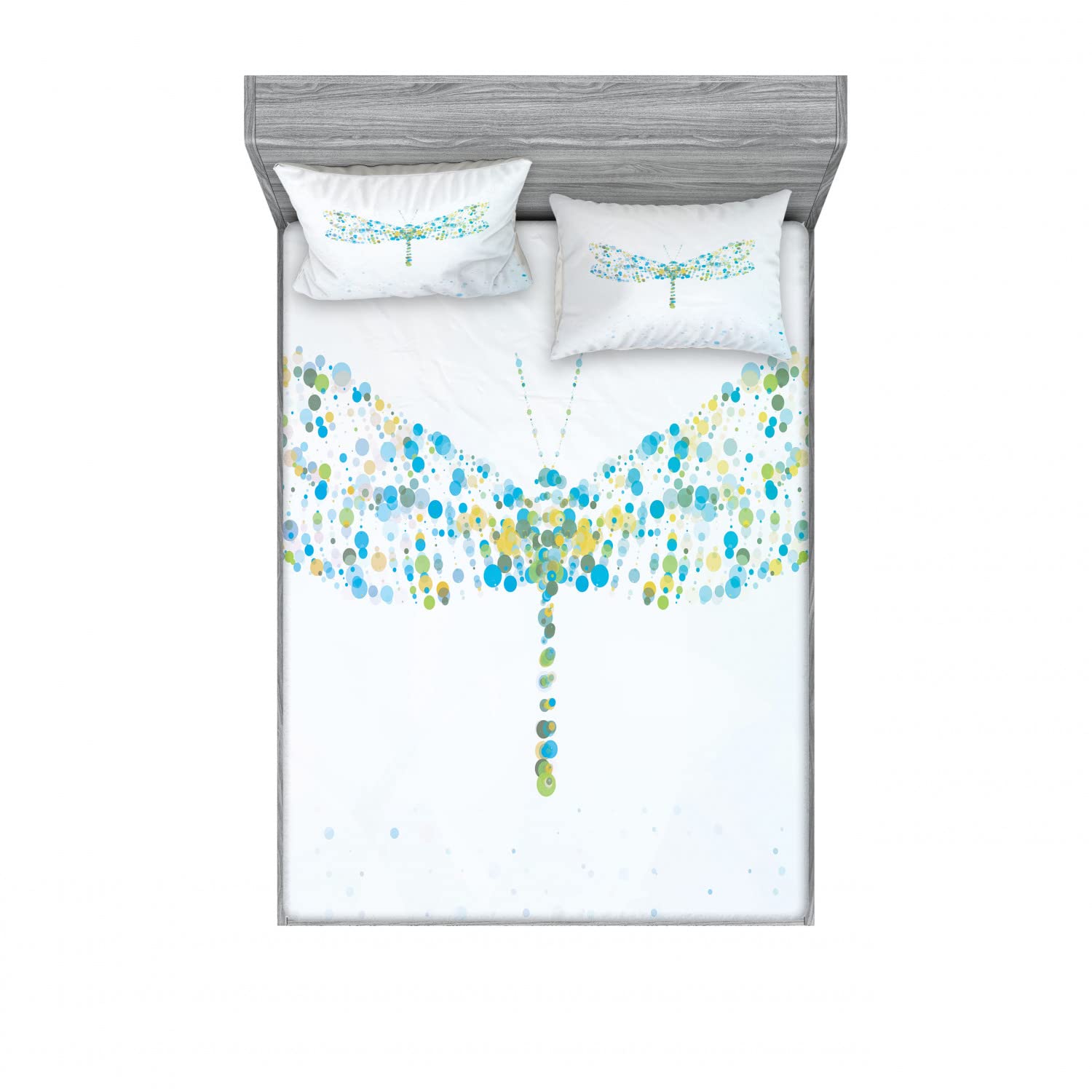 Ambesonne 2-Pack Dragonfly Print Queen Size Fitted Sheet Set with 4 Pillow Shams - Blue Green Dotted Bedding Decor for Master Bedroom & Guest Room