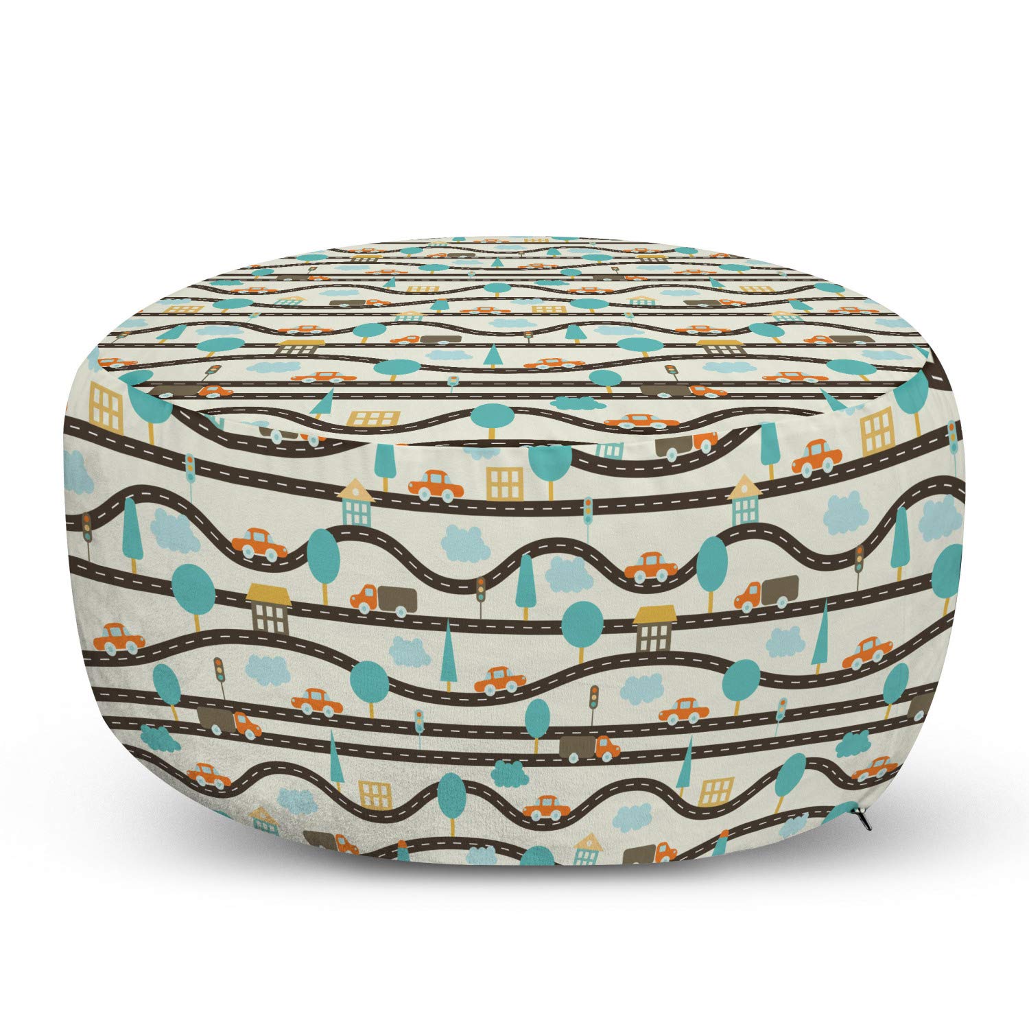 Ambesonne Cartoon Ottoman Pouf - Wavy Roads, Cars, Traffic Signs & Trees Pattern - Soft Decorative Foot Rest with Removable Cover for Living Room & Bedroom - Ivory & Multicolor - Perfect for Home Decor, Lounge Seating & Kids Play Area