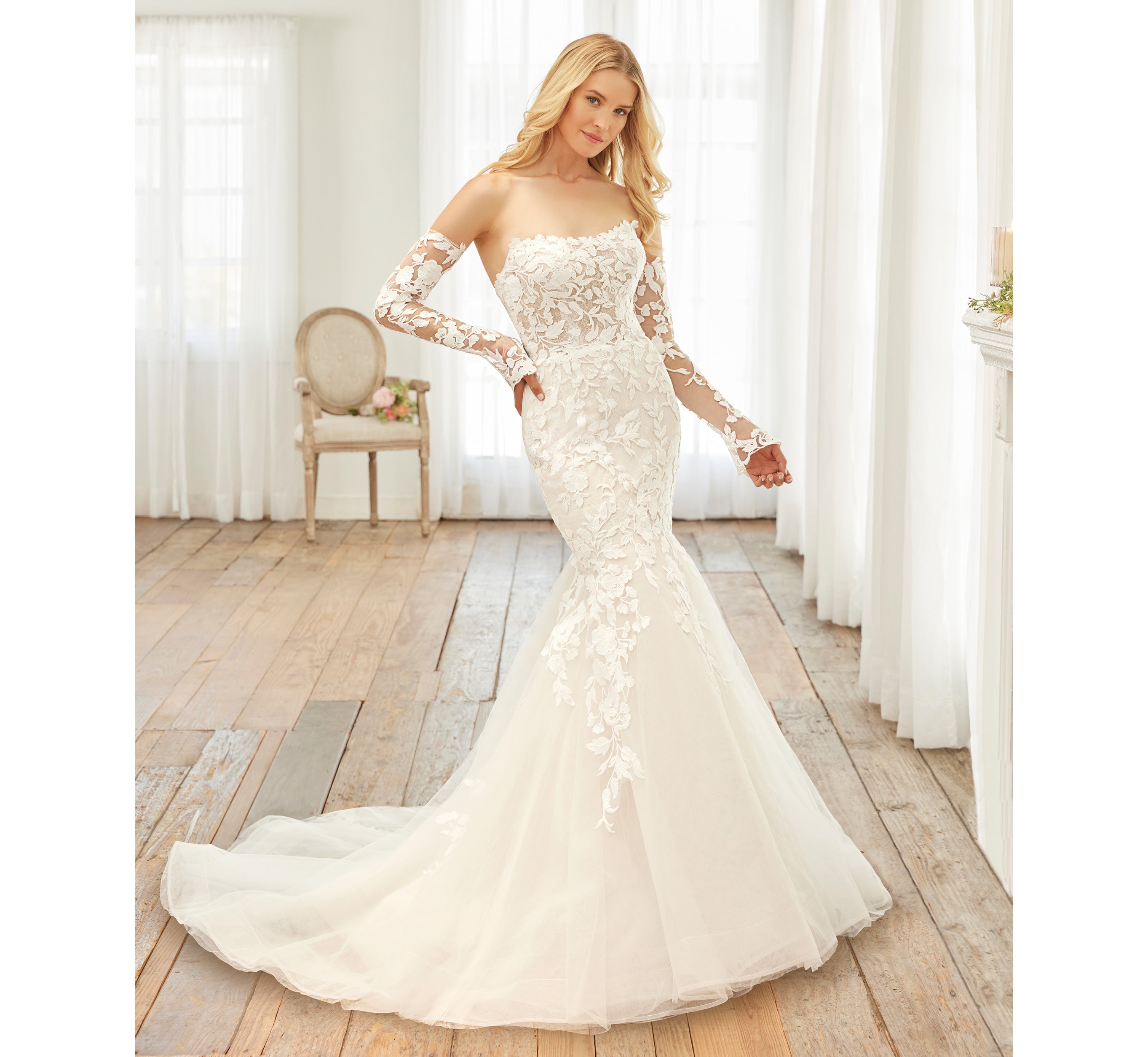 Elegant Ivory Almond Nude Lace and Tulle Strapless Mermaid Wedding Gown with Detachable Sleeves - Perfect for Bridal, Prom, Evening Gala & Formal Events