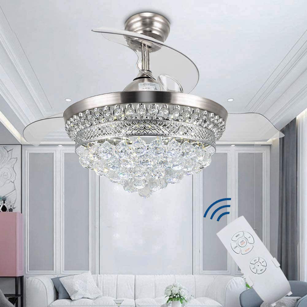 42 Inch Crystal Chandelier Ceiling Fan with Retractable Blades & 3-Color LED Lights - Chrome Modern Fandelier for Living Room, Bedroom, Dining Room Indoor Lighting | Home Decor & Cooling Solution