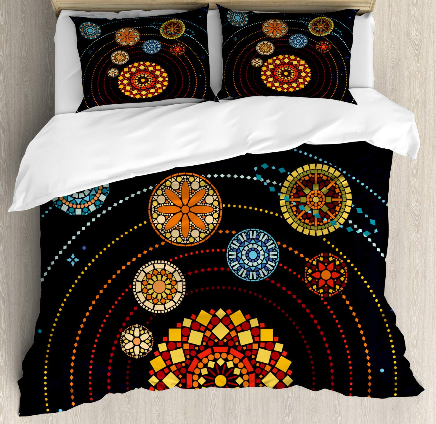 Ambesonne Galaxy Mandala Duvet Cover Set | Solar System Abstract Design with Ornamental Planet Motifs | 3-Piece Bedding Set with 2 Pillow Shams | California King Size | Multicolor | Perfect for Space-Themed Bedrooms & Boho Home Decor