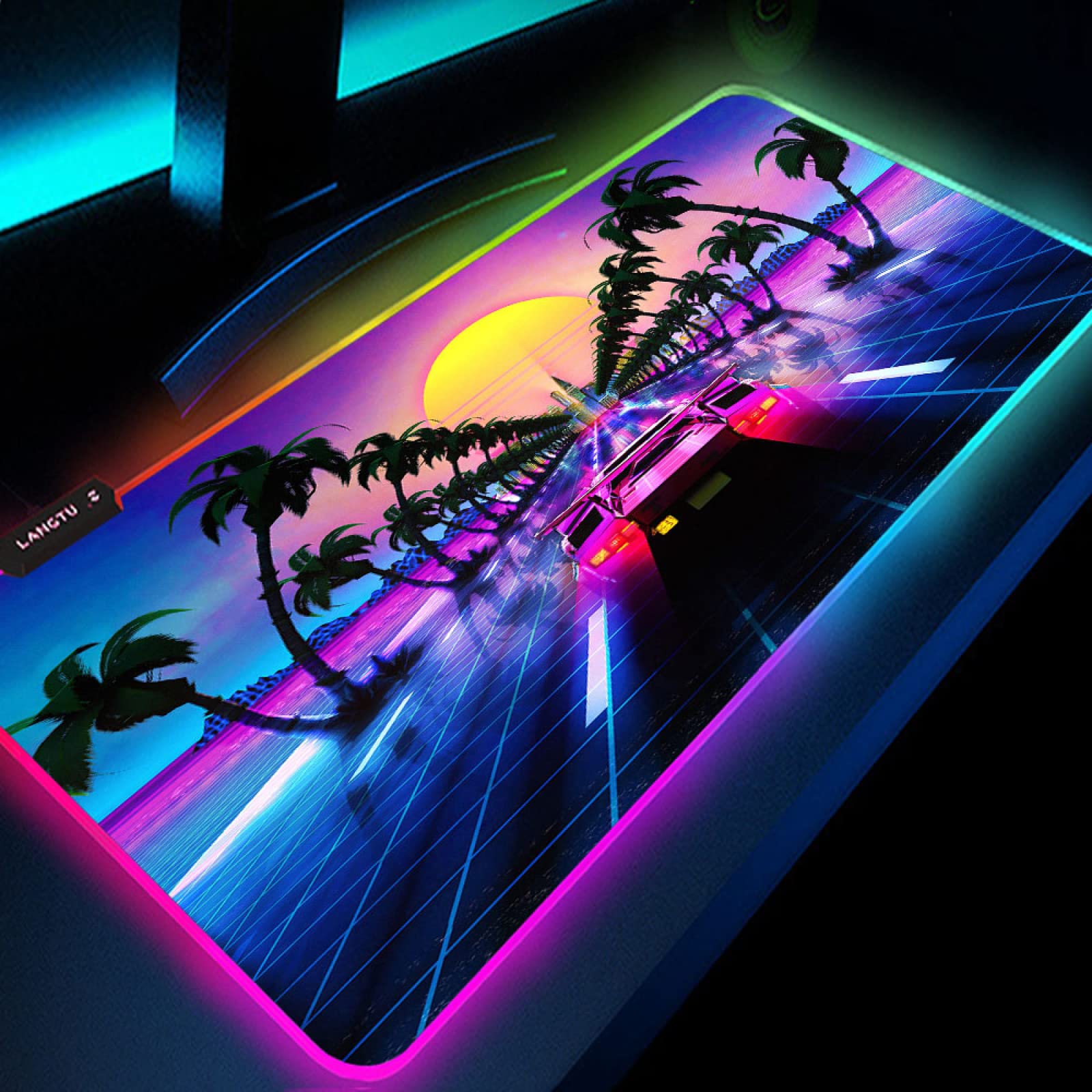 XXL RGB Gaming Mouse Pad with 14 Lighting Modes - Pink Palm Tree Design, Anti-Slip Rubber Base & Waterproof Surface - 11.8x27.6 Inch Large Mouse Mat for PC Gaming, Office Work & Home Use