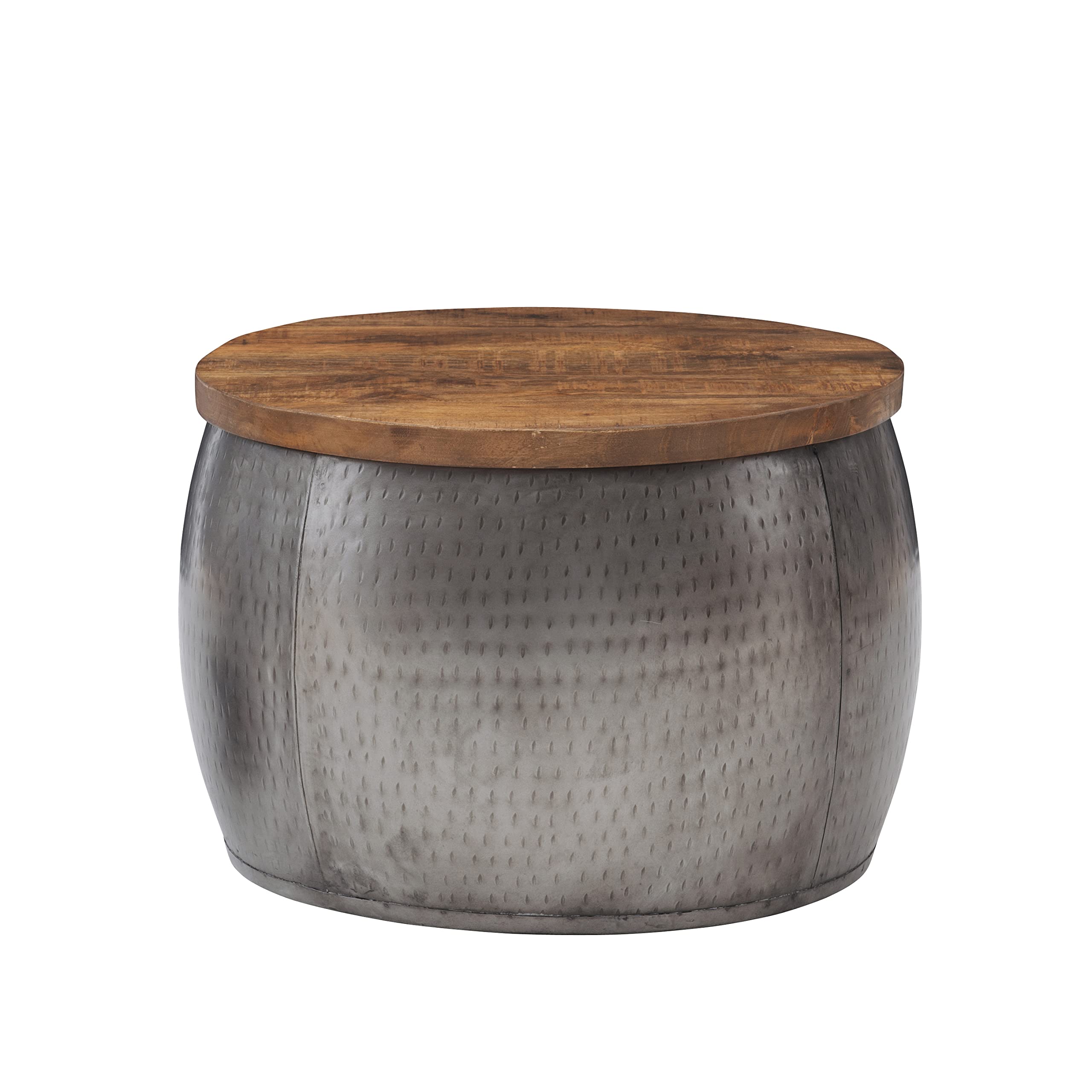 Powell Janice Small Silver Storage Drum Table - Stylish Side Table with Hidden Storage for Living Room, Bedroom, or Office