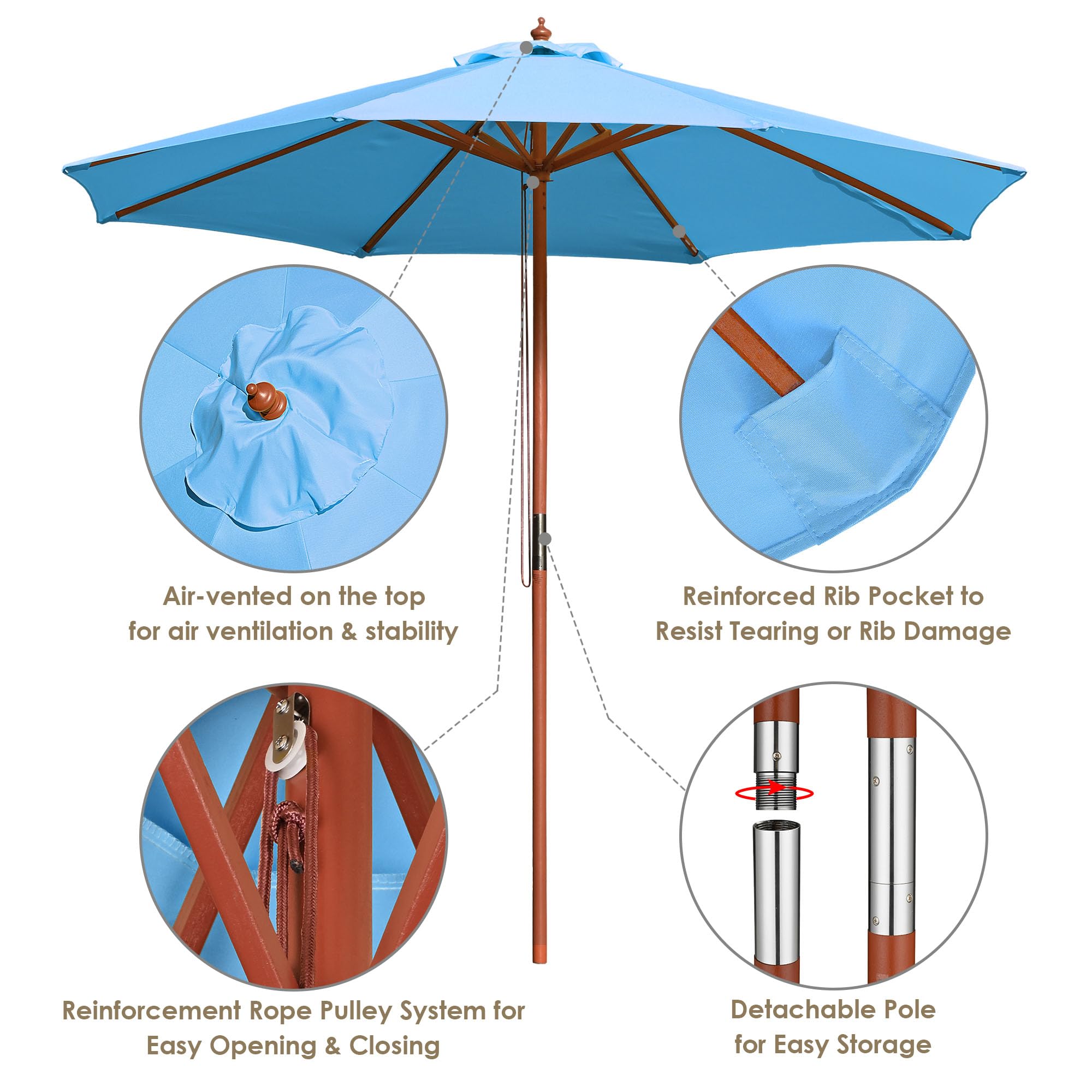 Yescom 9ft Wooden Outdoor Patio Umbrella with Pulley - Blue Market Garden Beach Umbrella for Yard, Deck & Cafe - Perfect for Sunshade, Poolside Lounging and Outdoor Dining