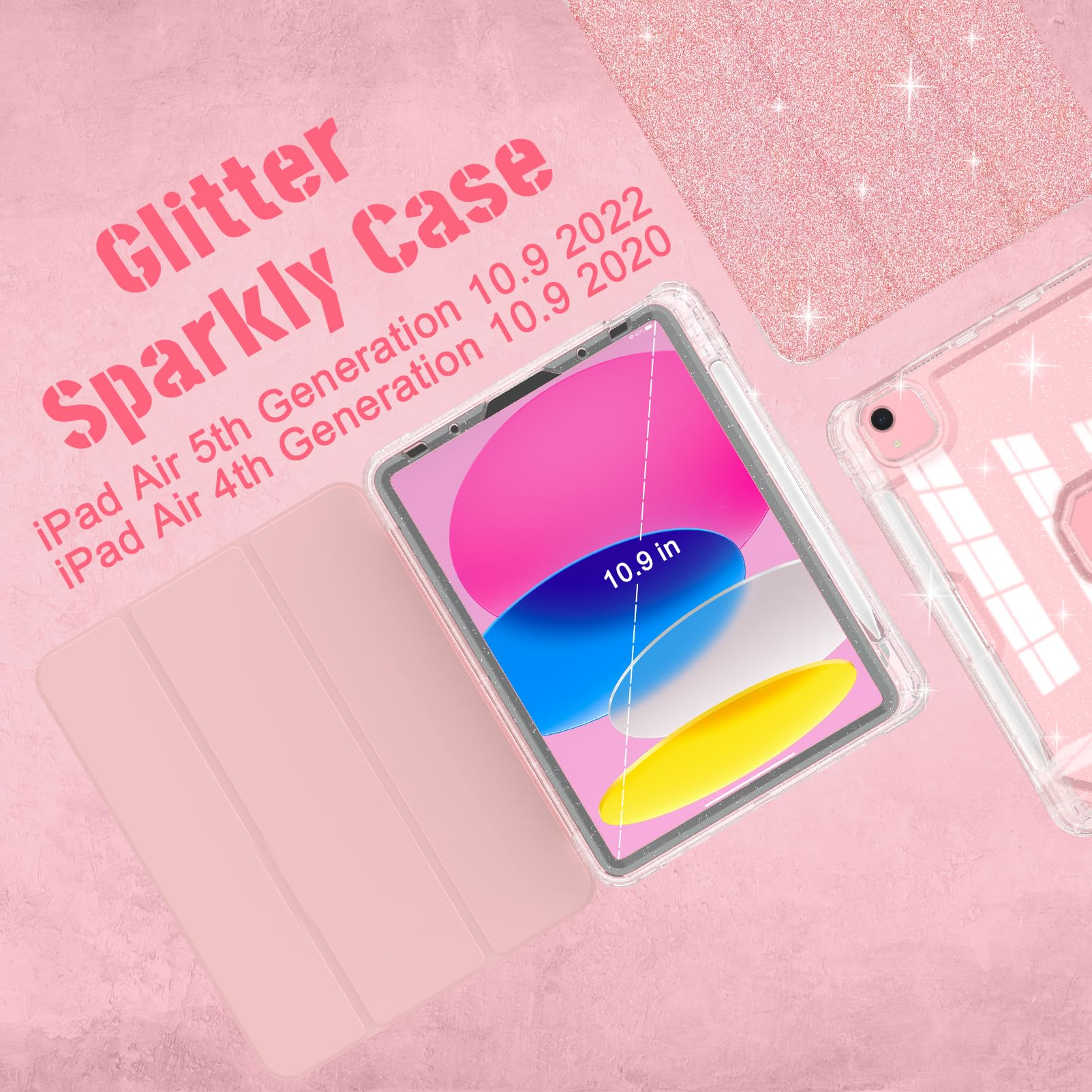 Premium iPad Air 11 Inch Case 2024 & iPad Air 5th/4th Gen 10.9 Inch Case (2022/2020) - Sparkly Glitter Trifold Stand Leather Cover with Pencil Holder, Auto Wake/Sleep & Clear TPU Back (Rose Gold) - Perfect for Work, School & Travel Protection