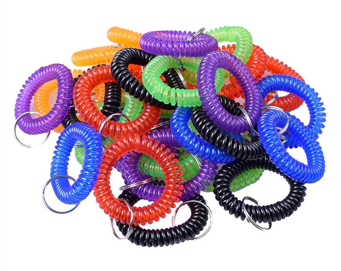 50 Pack Flexible Stretchable Clear Plastic Spring Spiral Wristbands - Colorful Coil Keychain Rings for Sports, Yoga, Sauna, Pool, Office & School Use - Multi-Colored Tag Bands for Events, ID Tags & Key Organization