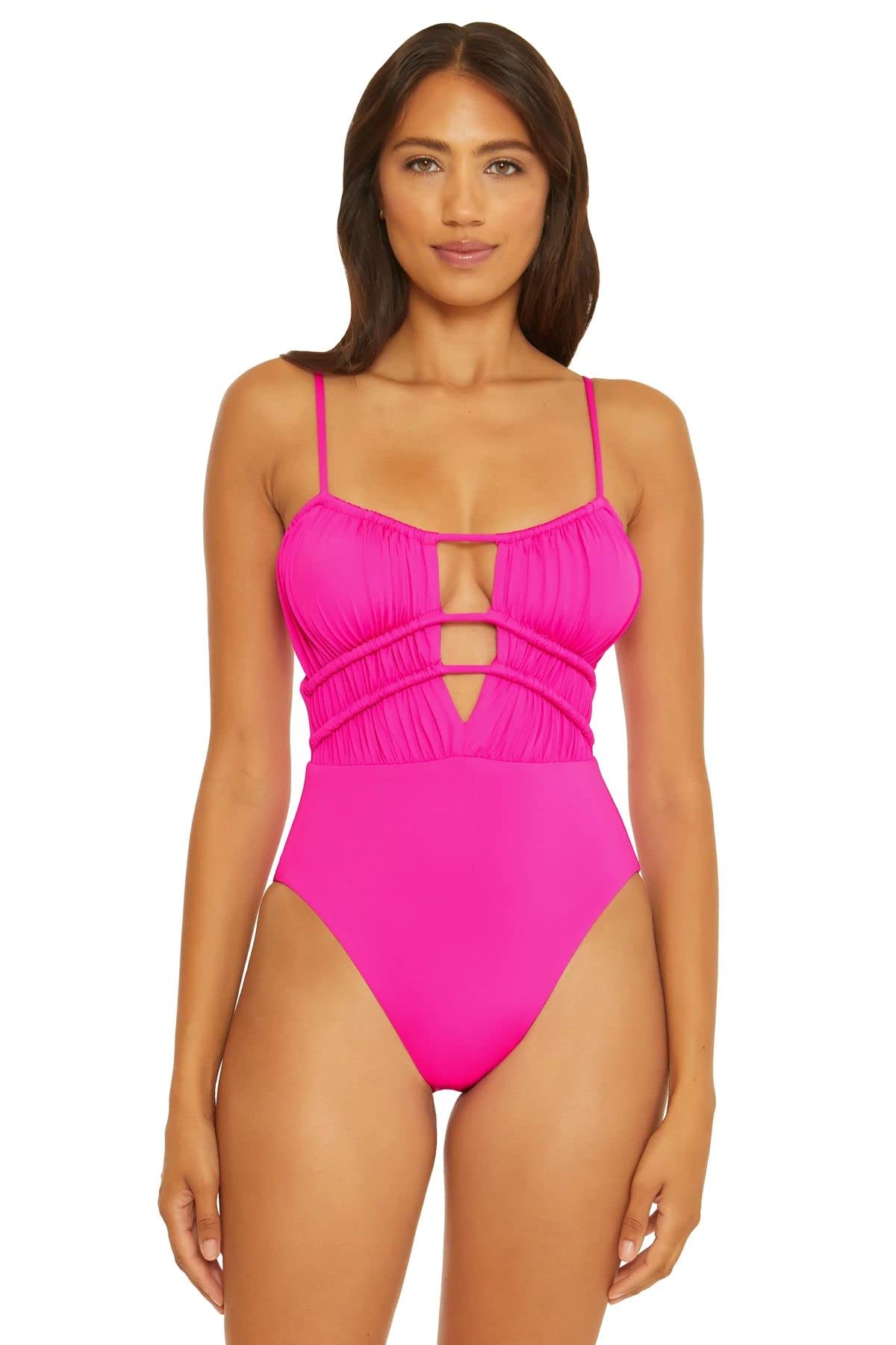 Santorini Shirred Front Sarai One-Piece Swimsuit - Pink Flambe MD | Flattering One Shoulder Bathing Suit for Women | Perfect for Beach Vacations, Pool Parties & Summer Getaways